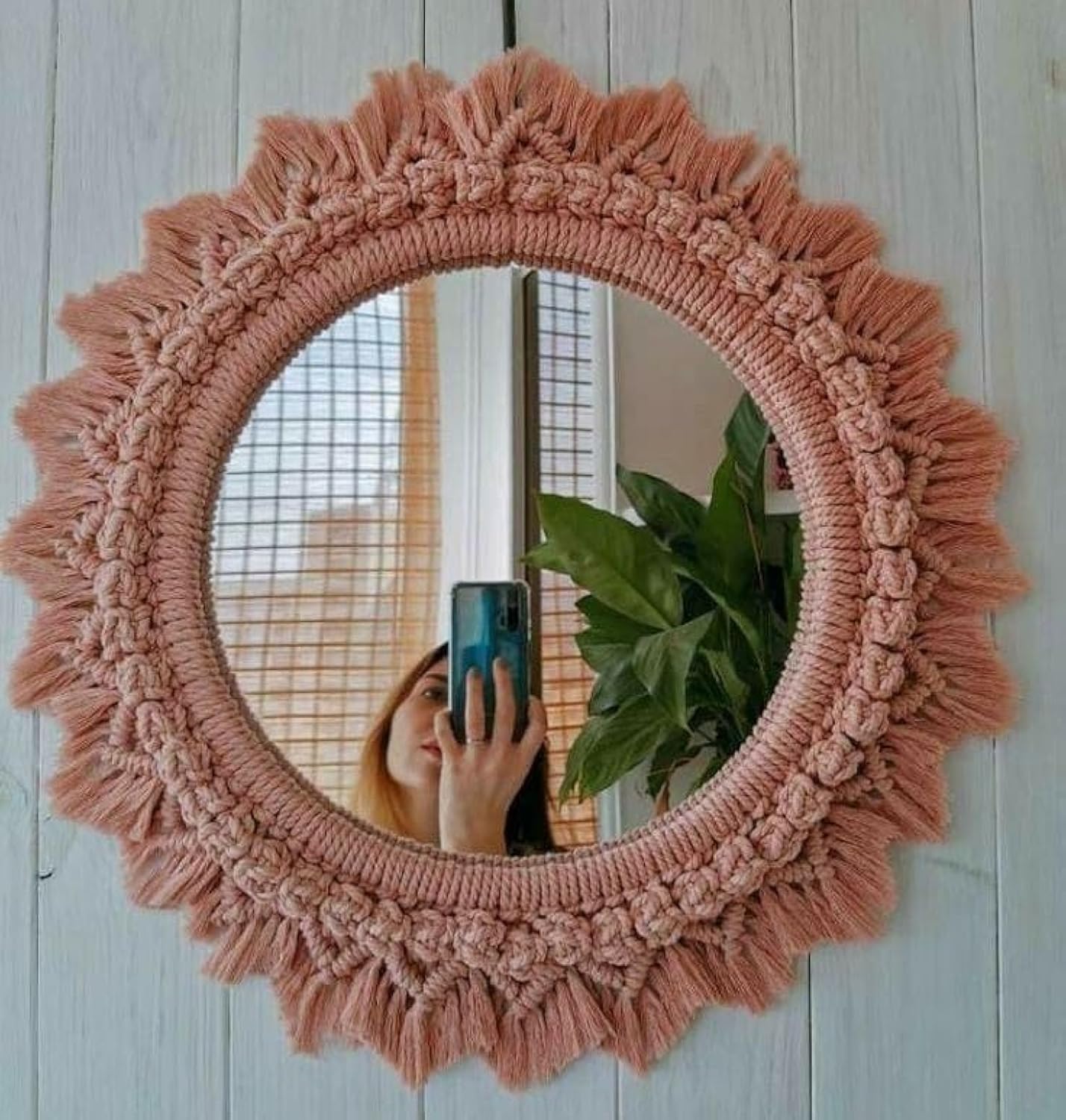 Alamcraft Macrame Mirror Wall Hanging Decor Handmade Unique Interior Vintage Mirrors Woven Artistic Accent Make-Up Aaina for Bedroom Living Room Home Decoration Dia 16 Inches, Peach, 1-Piece-image-8