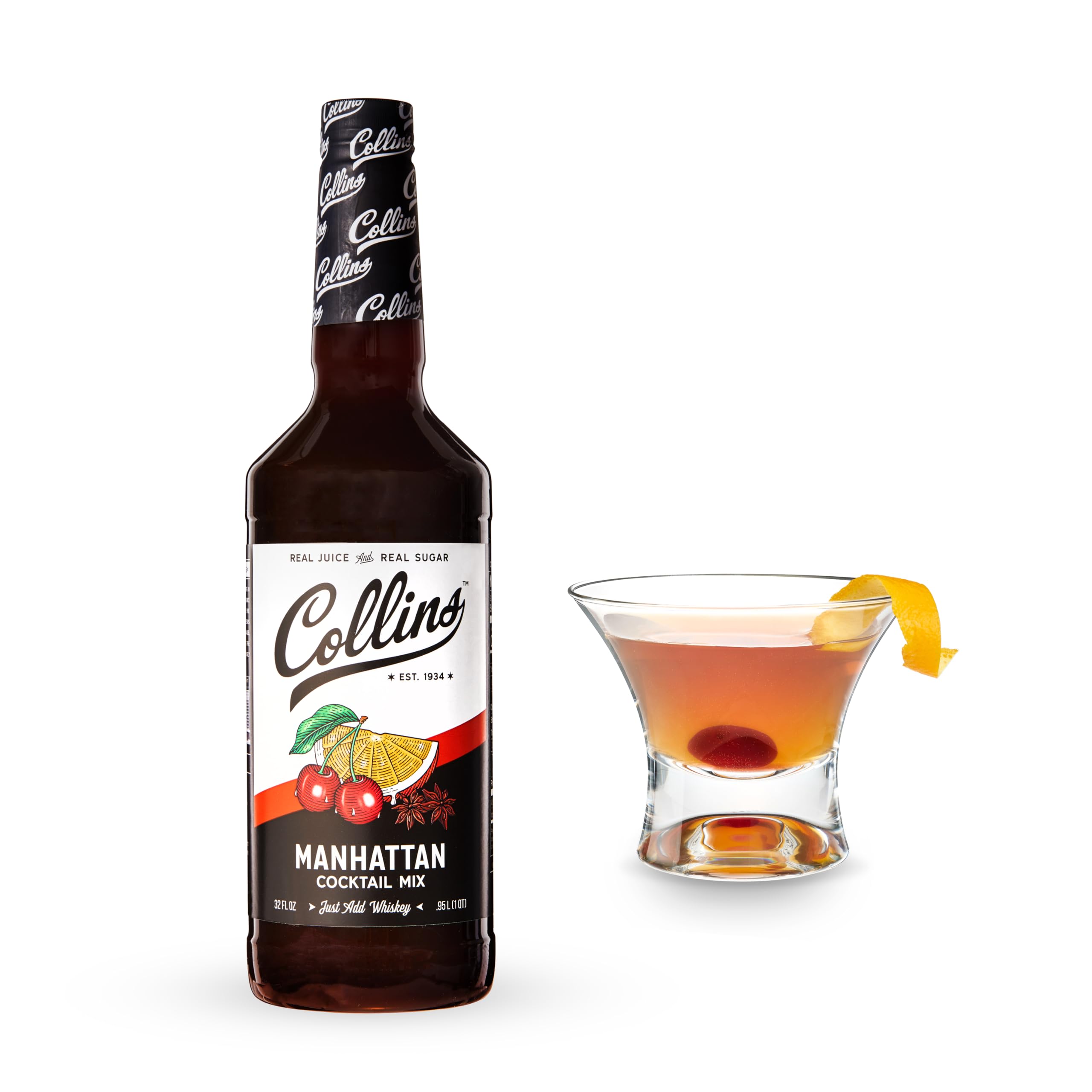 Collins Manhattan Mix Made With Real Brown Sugar, Orange and Cherry Juice With Natural Flavors, Classic Cocktail Recipe Ingredient, Home Bar accessories Cocktail Mixers, 32 fl oz