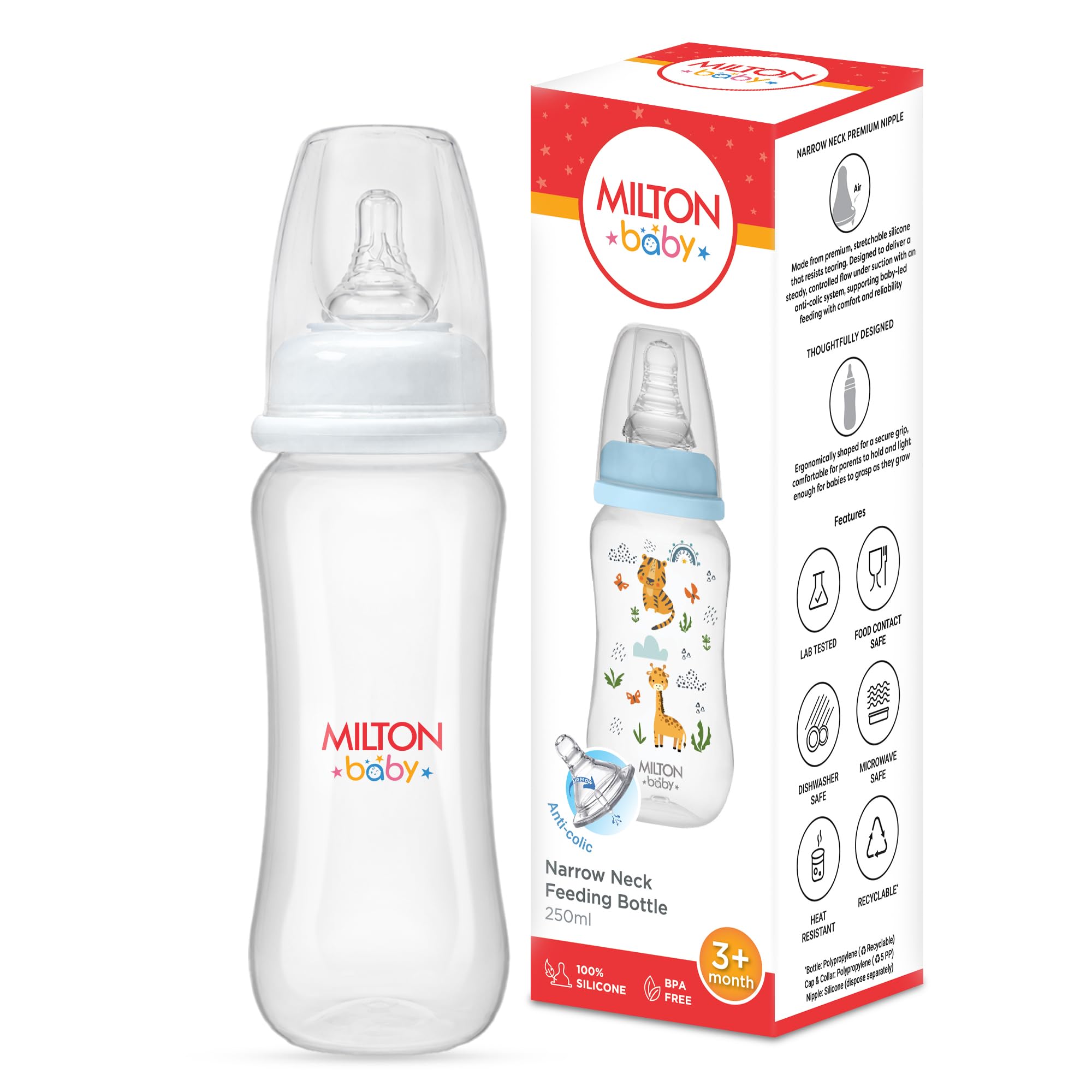 Milton Baby Narrow Neck Feeding Bottle 250 ml I Anti-Colic Design Silicone Nipple I ISI Certified I BPA Free I Natural Response System (Mimics Breastfeeding) I Sterilizer Safe I 3+ Months I White-image-12
