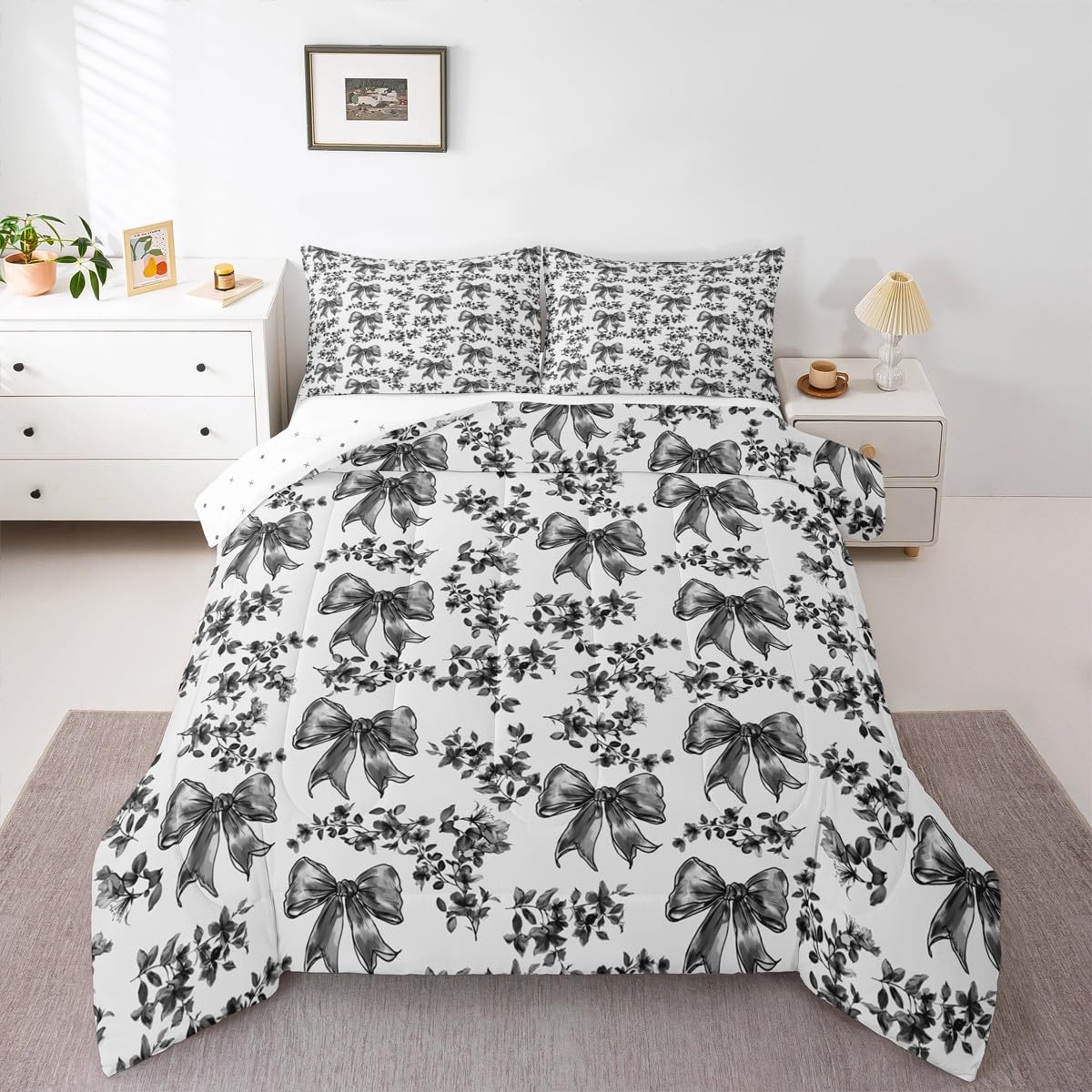 jejeloiu Girls Black Bow Floral Comforter Set Toddler Vintage Bowknot Flower Bedding Set for Kids Women Dreamy Princess Duvet Quilt Cute Kawaii Geometric Bow-tie Leaves Room Decor
