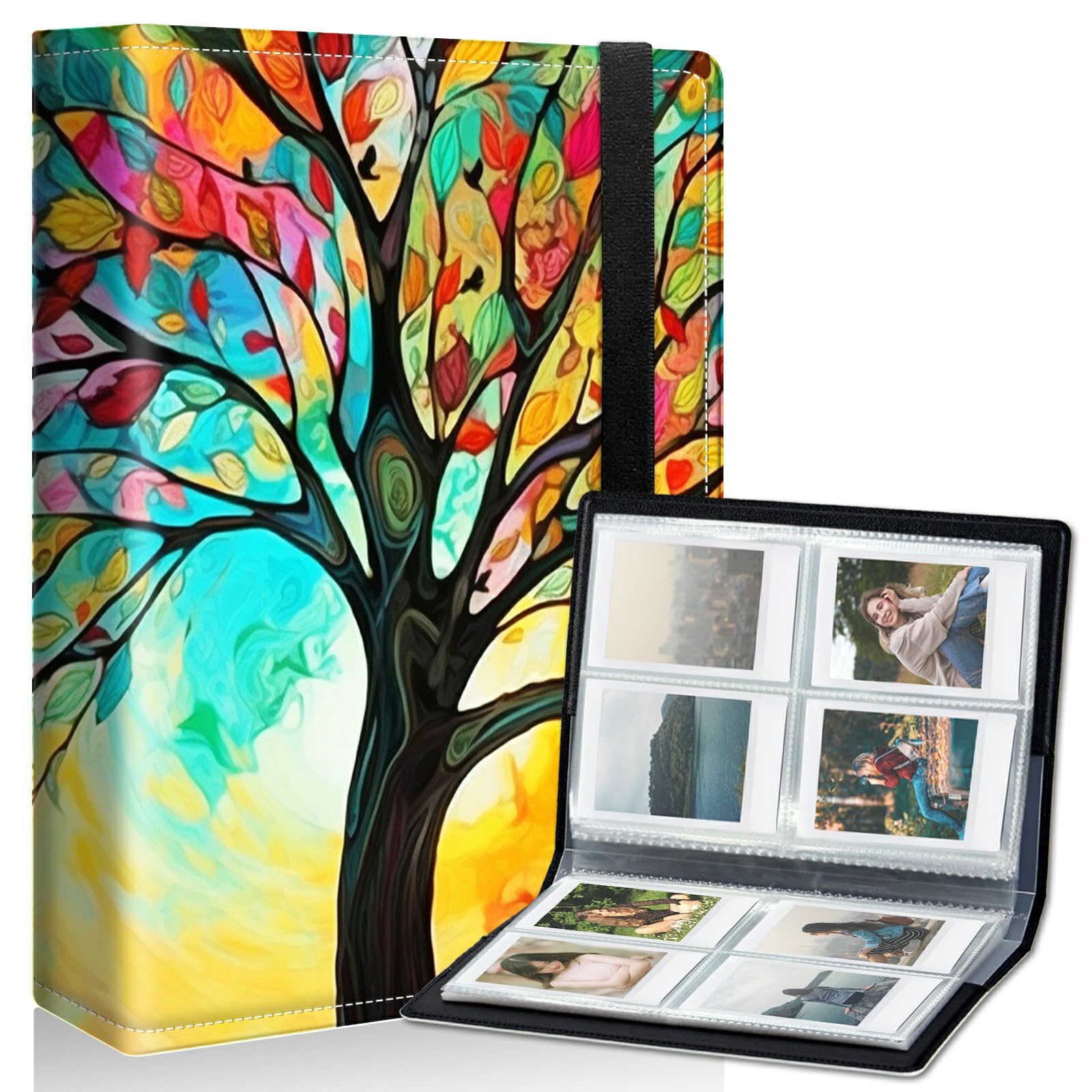 DIGTIALL 8.58x6.89 Inch Photo Album Colorful Trees Theme PU Leather Cover with Elastic Band 32 Sleeves 252 Photos Transparent Pockets Design for Family Anniversary Wedding Baby Pets