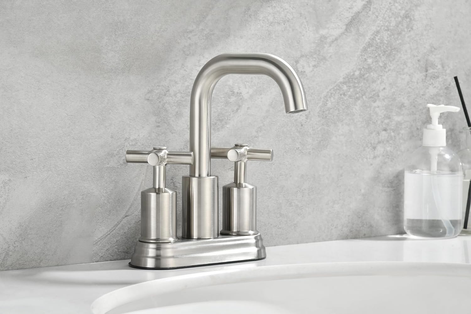 Two Handle Lavatory Faucet 4-inch Centerset Bathroom Sink Faucet with Drain Assembly for 3 Hole Sink Brushed Nickel Finish DF-4303CCH-BN Duttao