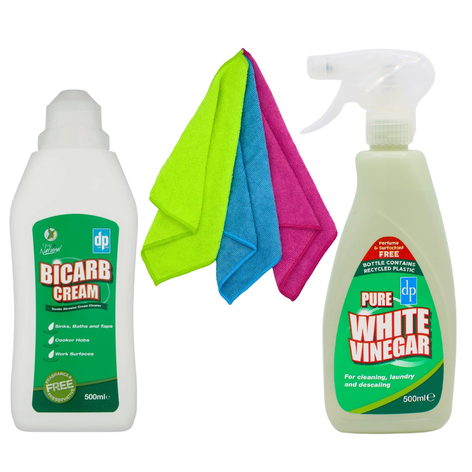 Bicarbonate Of Soda For Cleaning - Cream Cleaner 500ml and White Vinegar Spray 500ml Bundled with Microfiber Cloths