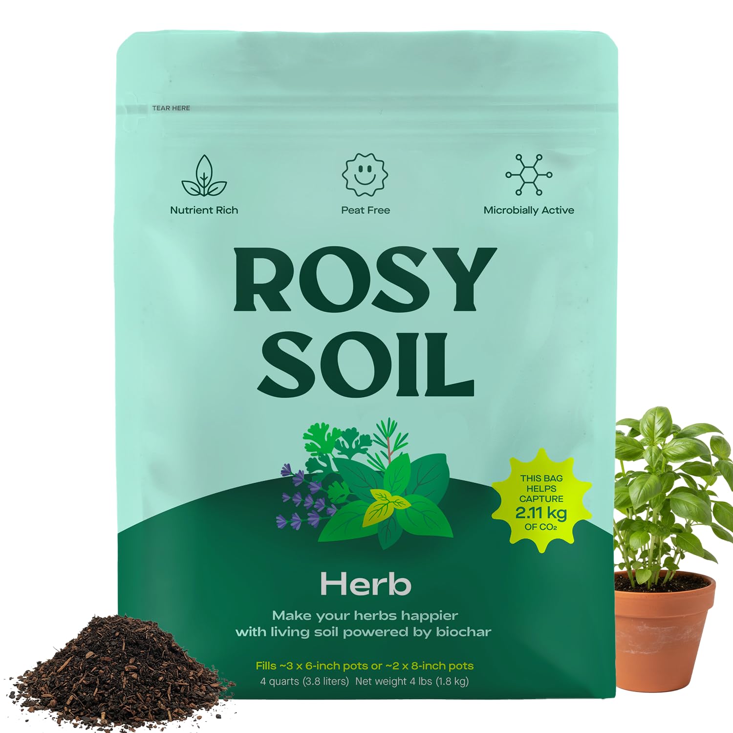 Rosy Soil Herb Mix - Organic Potting Mix for Herbs - Enriched with Biochar, Worm Castings for Root Development, Nutrient Uptake, and Strong Flavor -