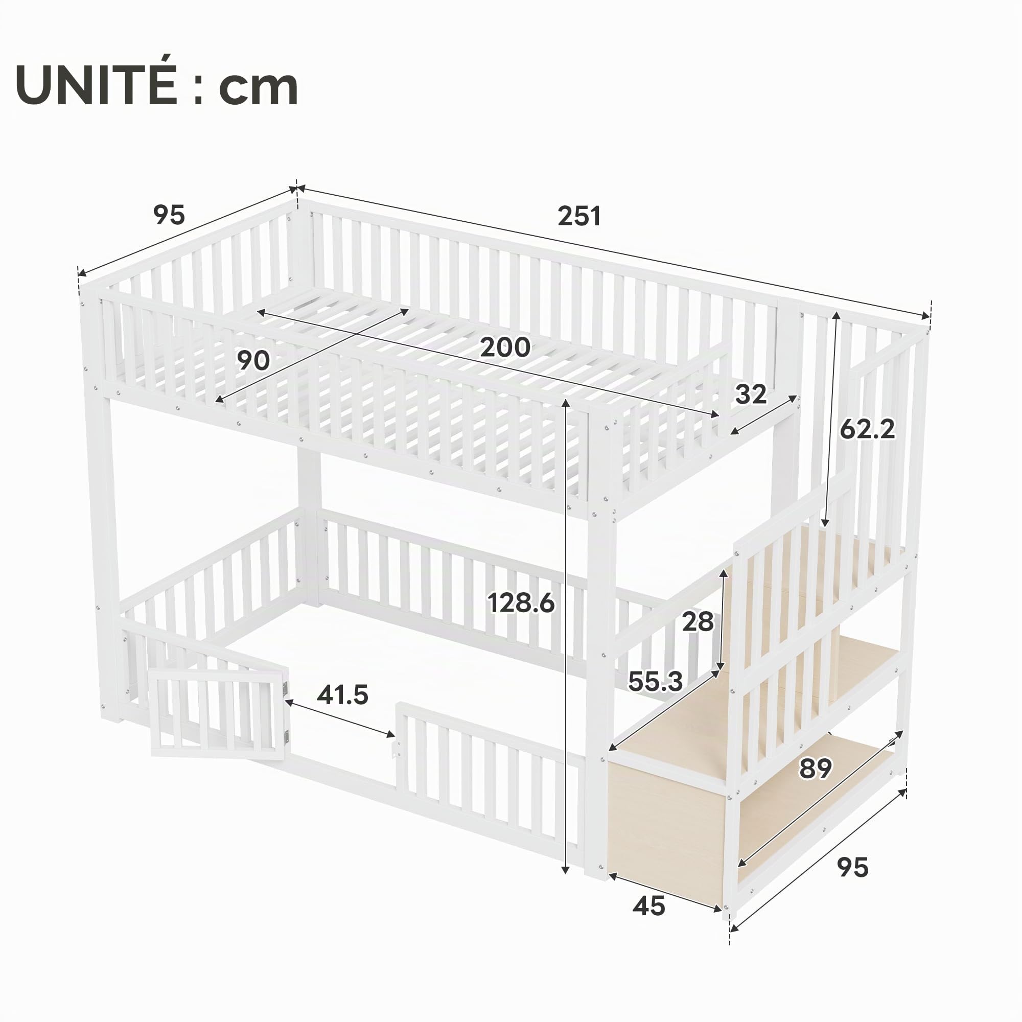 Sapgaks Lit superposé Enfant 90x200 avec LED,lit Mezzanine Enfant avec échelle de Rangement,Cadre de lit Enfant (Blanc, 90x200)