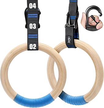 Wooden Gymnastic Rings with Adjustable Numbered Straps. 1.1 Olympic Rings for Core Workout, Crossfit, Bodyweight Training. Home Gym Rings with 8.5ft Exercise Straps and Workout Handles