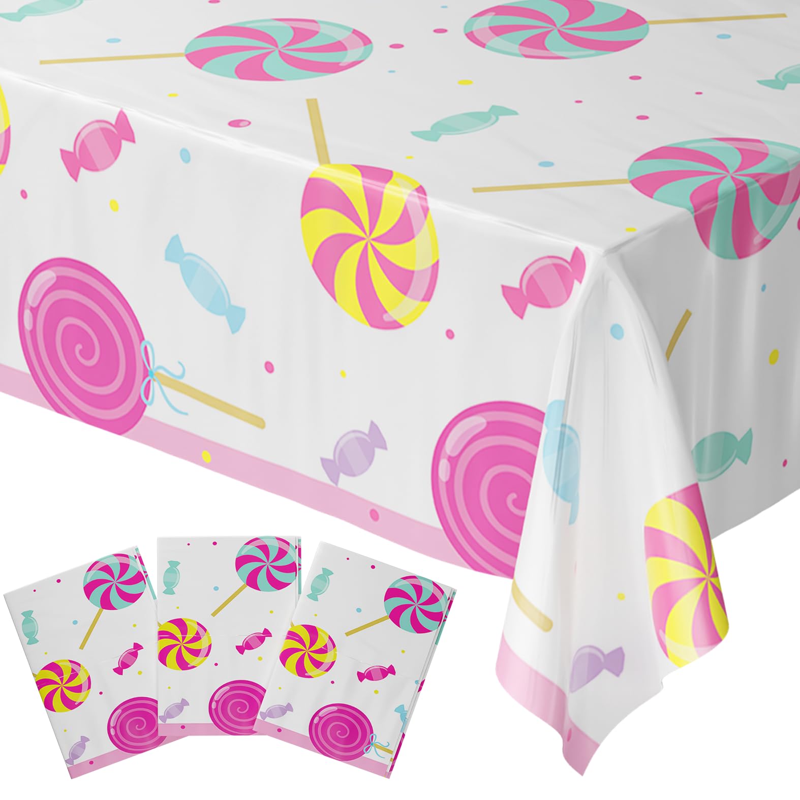Blue Orchards Candy Table Covers (Pack of 3) - 54"x108" XL - Candyland Tablecloth, Lollipop Birthday Party Decorations Supplies, Halloween Disposable Plastic Table Cloth, Trick or Treat Tablecover