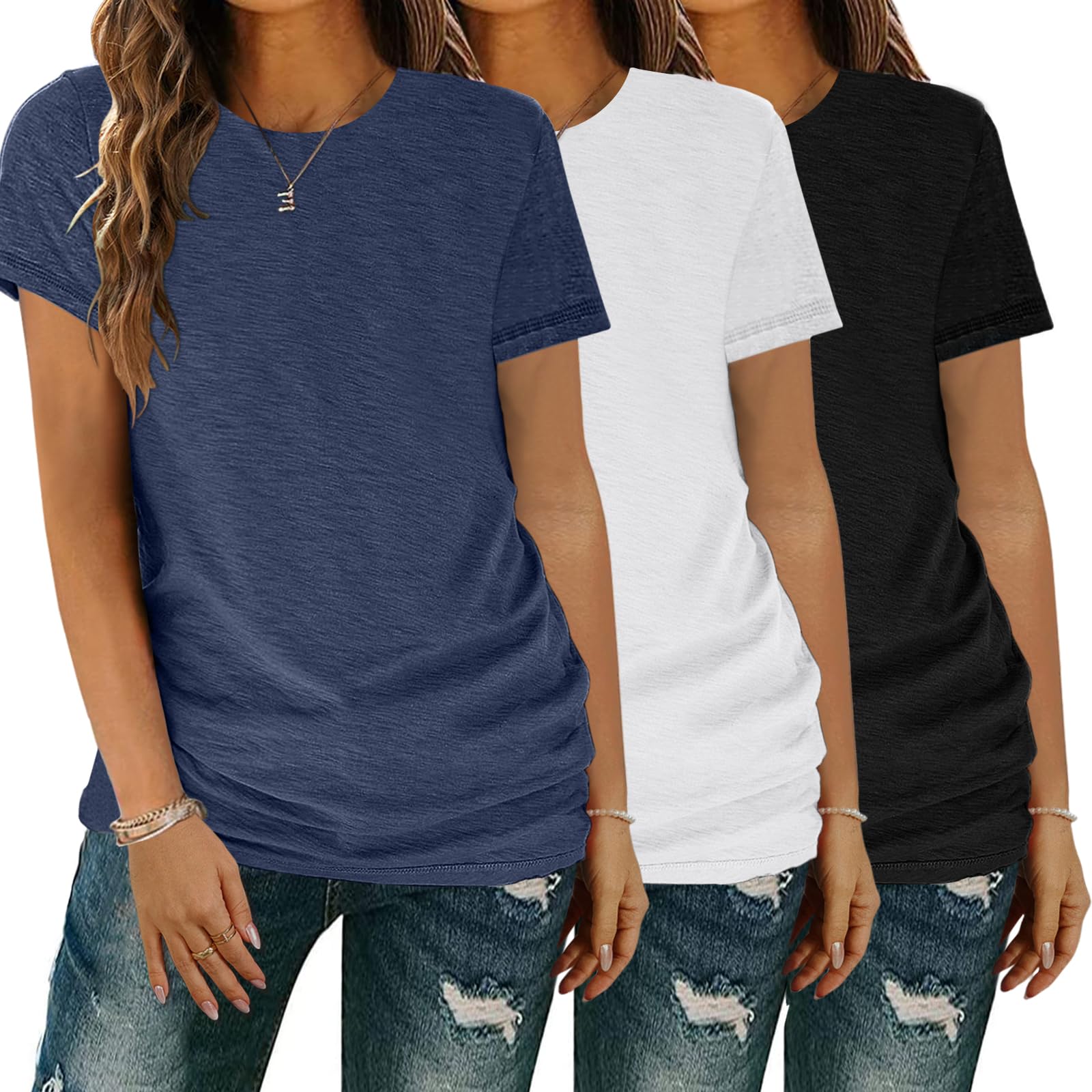 YGOODM T-Shirt Damen 3er Pack Kurzarm lang Basic Sommer T-Shirts, t-Shirts für Damen mit Rundhalsausschnitt