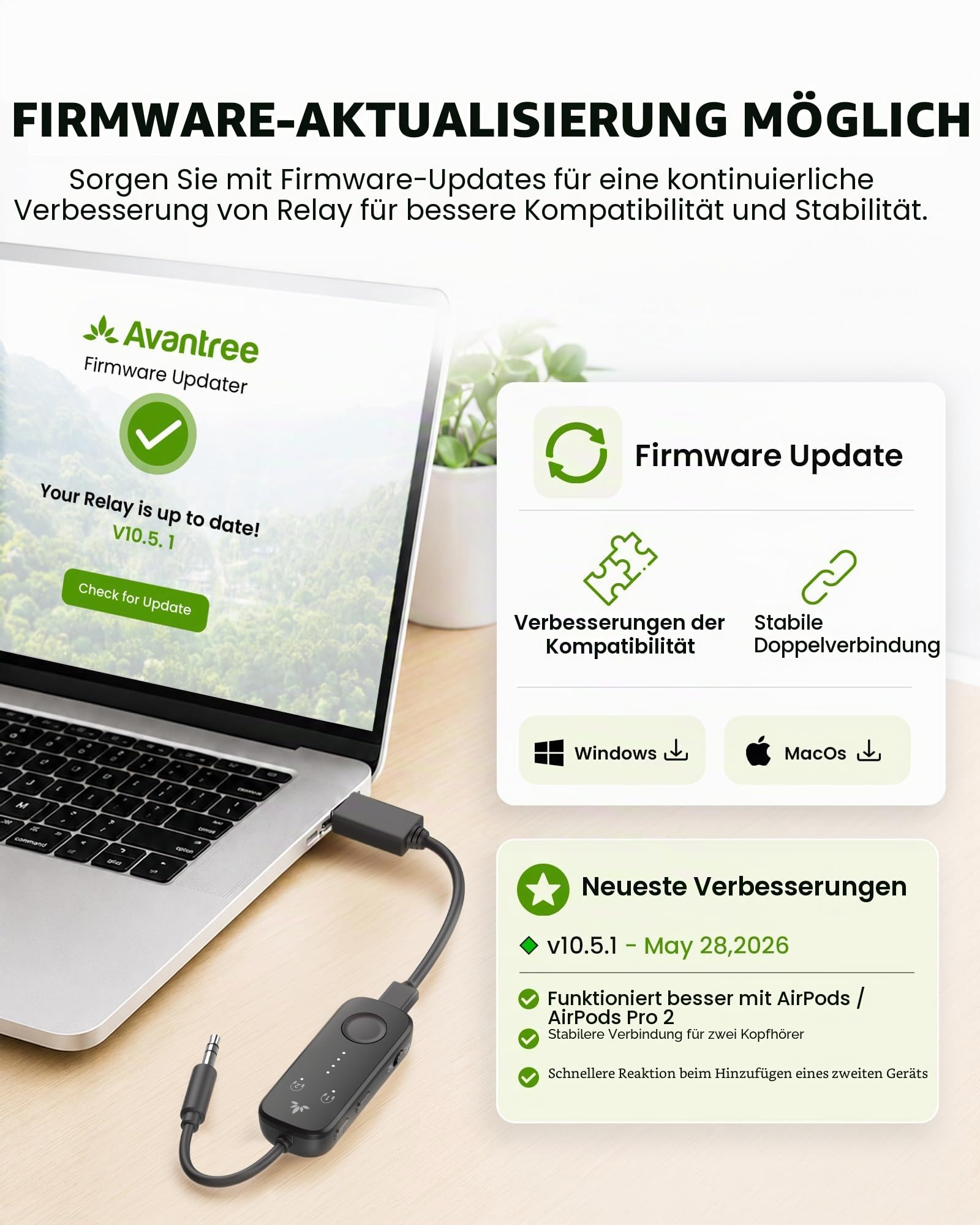 Avantree Relay – Bluetooth 5.3 Adapter für Flugzeug mit Qualcomm aptX Adaptive, für 2 AirPods oder Kopfhörer, 20 Std. Wiedergabezeit, 3,5mm AUX Klinke Transmitter Sender für Reisen, Fitnessstudio