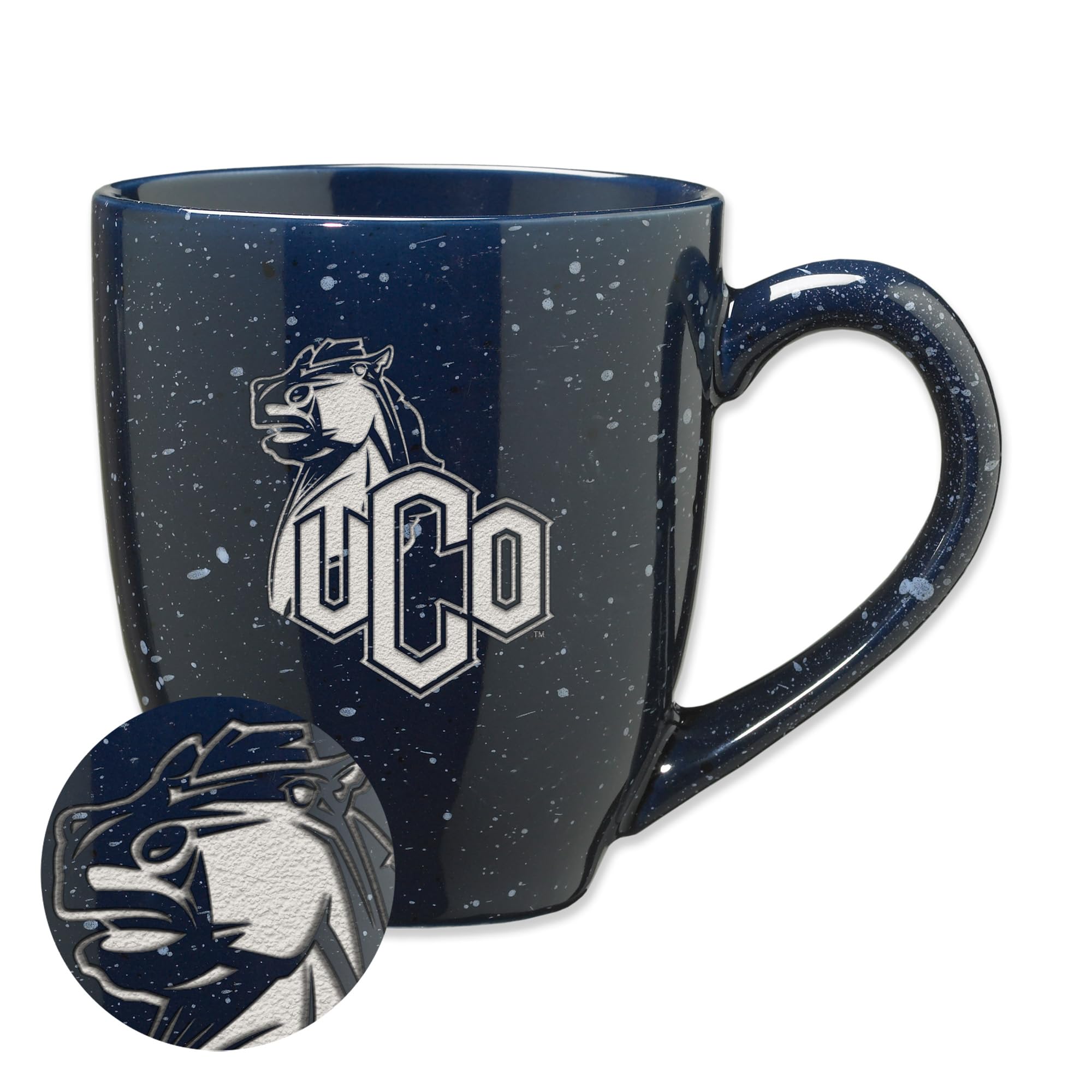 Rico Industries NCAA Central Oklahoma Bronchos Primary Logo Navy 16 oz Team Color Laser Engraved Speckled Ceramic Coffee Mug