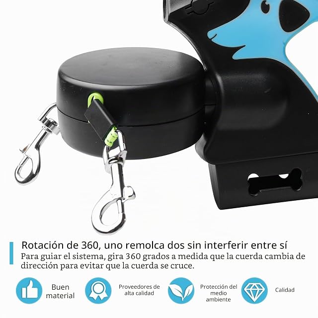 Foto 4 de 7 de Doble correa retráctil para perros, correa enrollable con luz LED, doble correa extensible para perros de 3 m