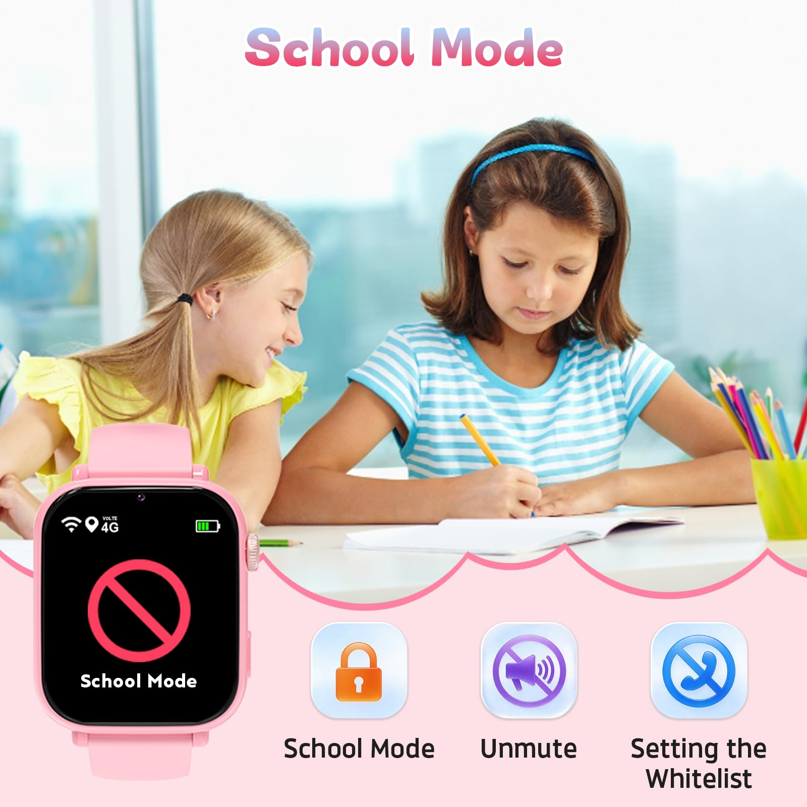 PTHTECHUS Smartwatch Kinder GPS und Telefon, 4G Uhr Kinder Smartwatch | Videoanruf, Voice Chat, Schulmodus WiFi SOS Spiele Wecker, Schrittzähler, Kinderuhr für Mädchen Jungen 4-12 Jahren, Rosa