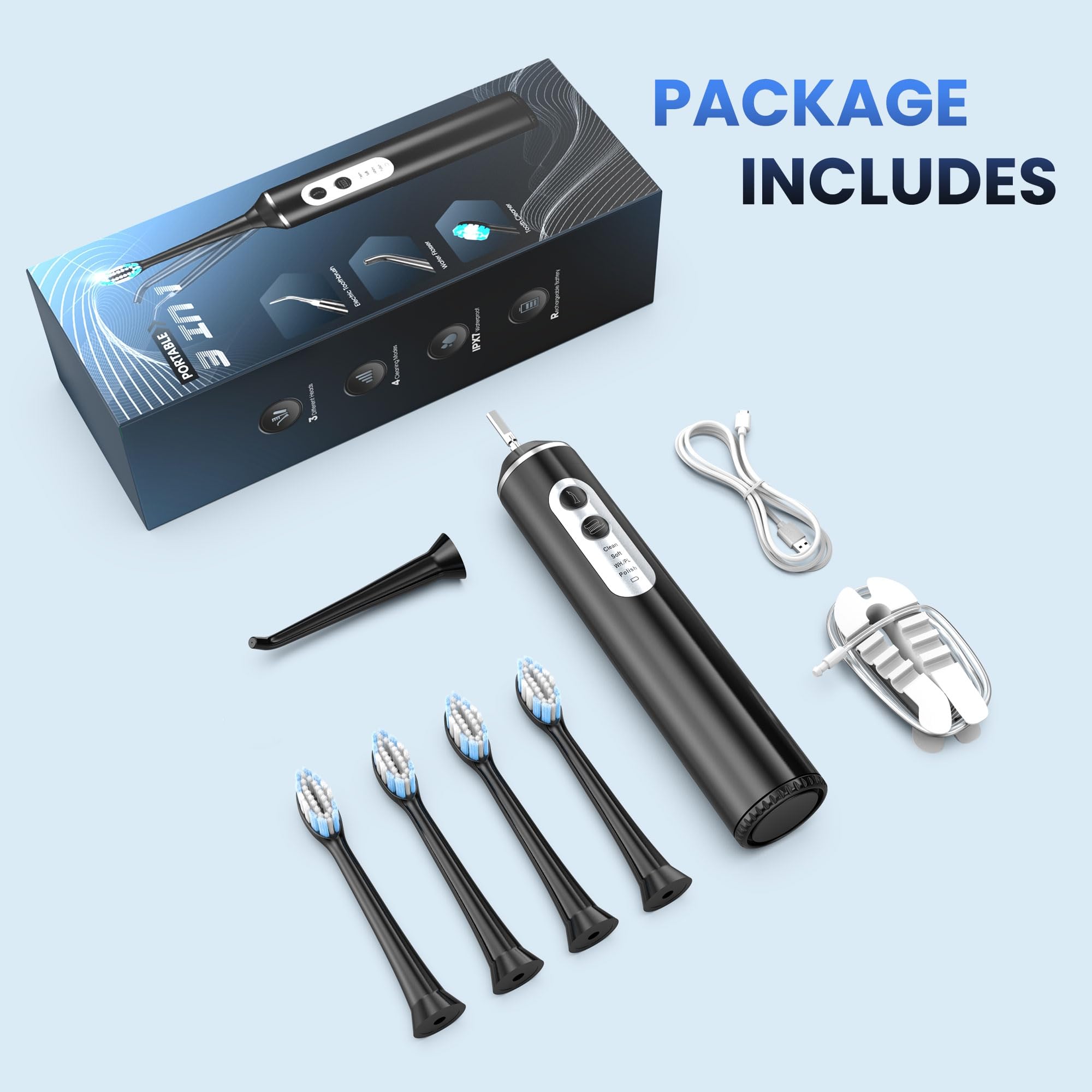 UNINGOPI Cepillo de dientes eléctrico 2 en 1 con hilo dental de agua, cepillo y hilo dental | 3 modos, 3 cabezales de cepillo, punta de chorro, IPX7 impermeable, irrigador oral portátil para viajes, negro