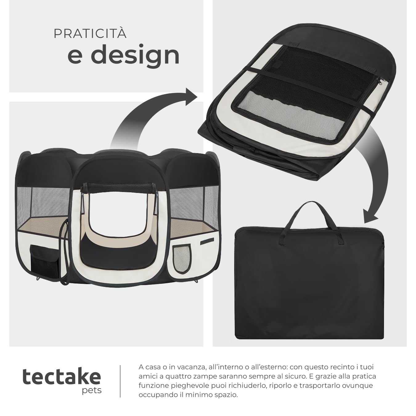 tectake® Box per Animali in Poliestere, Tenda Box per Cani, Recinto per Piccoli Animali, Struttura in Acciaio, Facile da Montare con Sistema Pop-Up, Borsa per Trasporto Inclusa - Nero