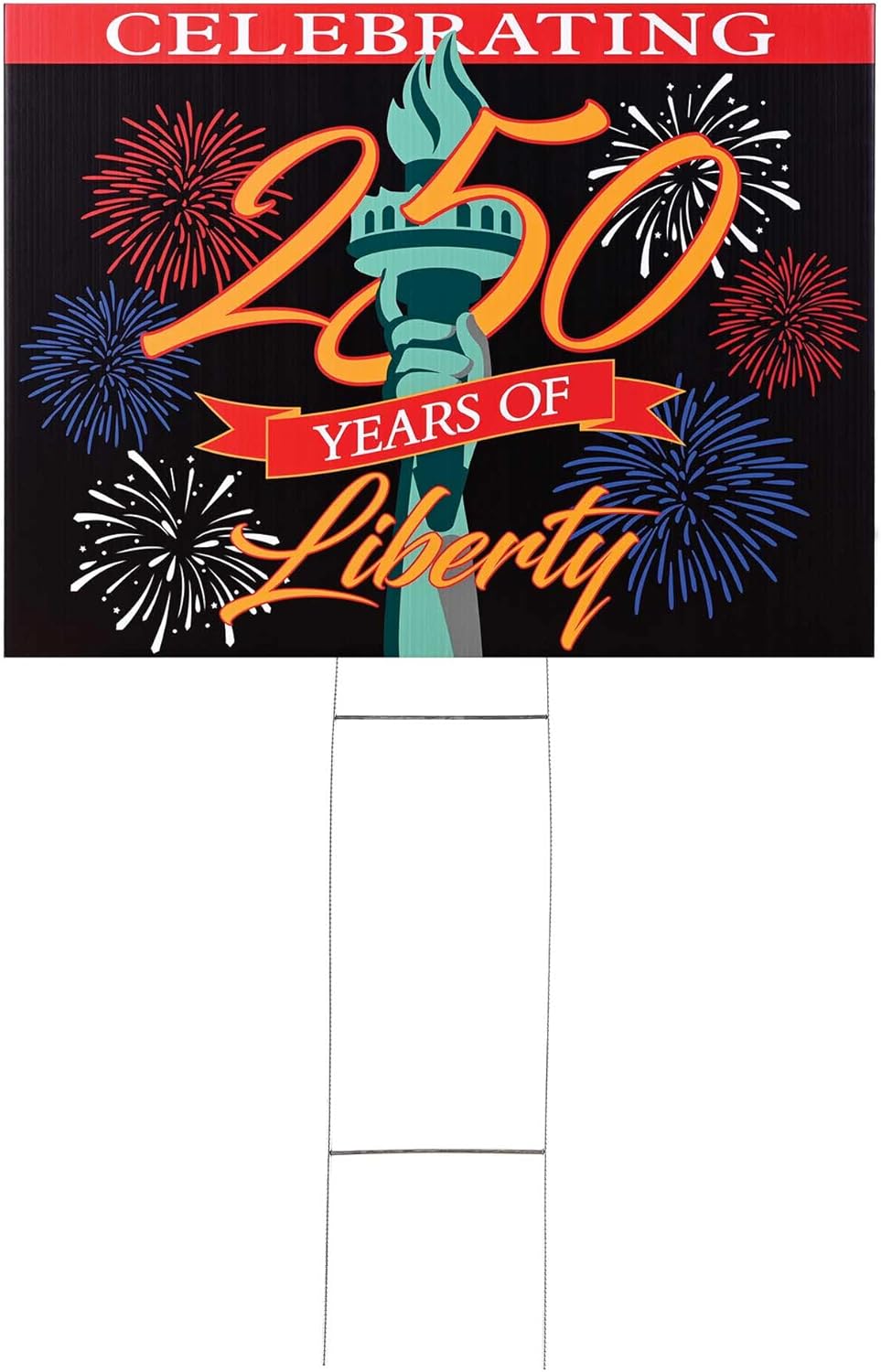 Dicksons Patriotic Yard Sign 18 x 24 Inch – Celebrating 250 Years of Liberty Outdoor Lawn Sign – Double Sided Coroplast Independence Day Decoration with Fireworks & Statue of Liberty