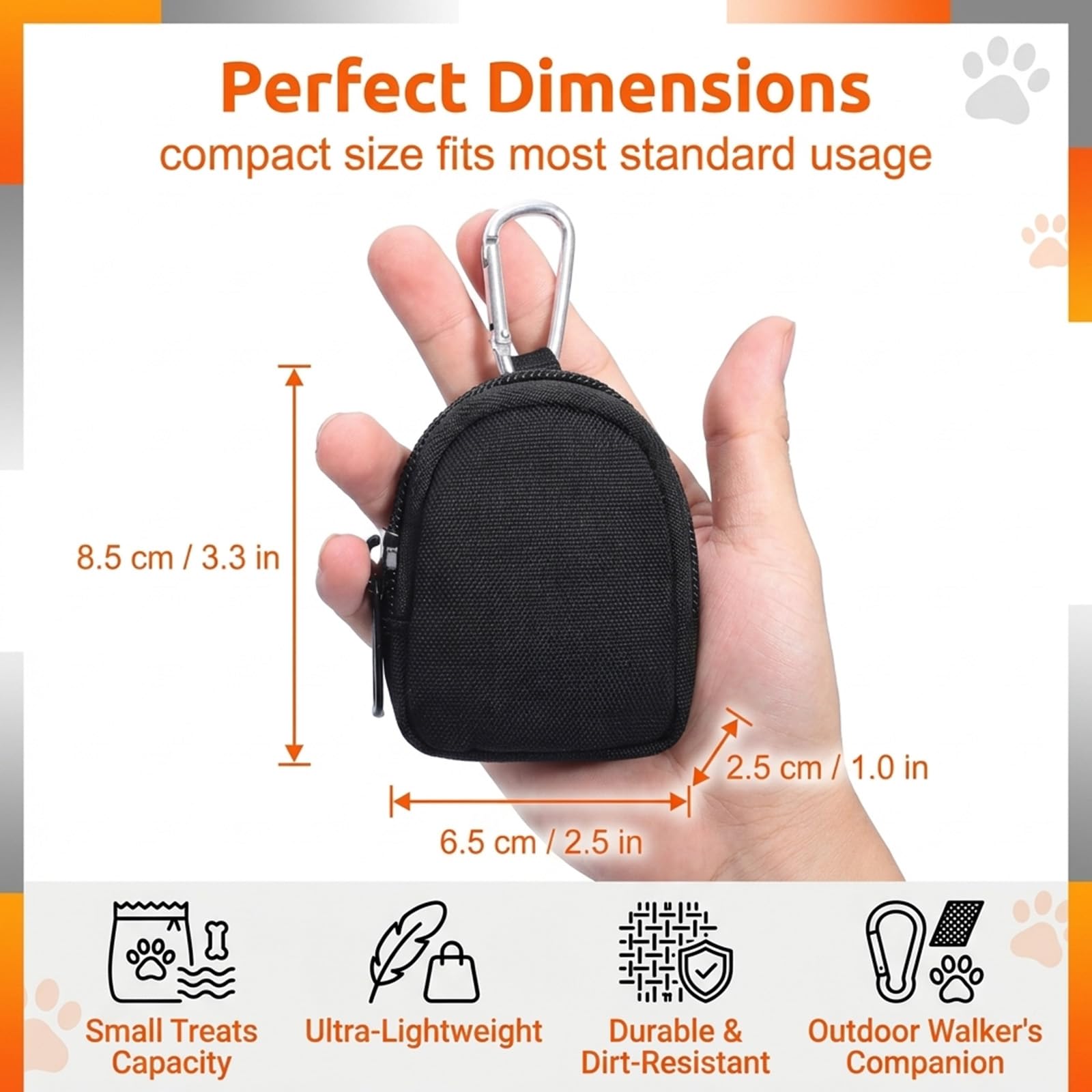 Borsa Porta Snack per Cani, 9x7x2,5cm Nera, Borsa per Snack a Mani Libere con Moschettone, Materiale Impermeabile, per Addestramento Canino & Passeggiate