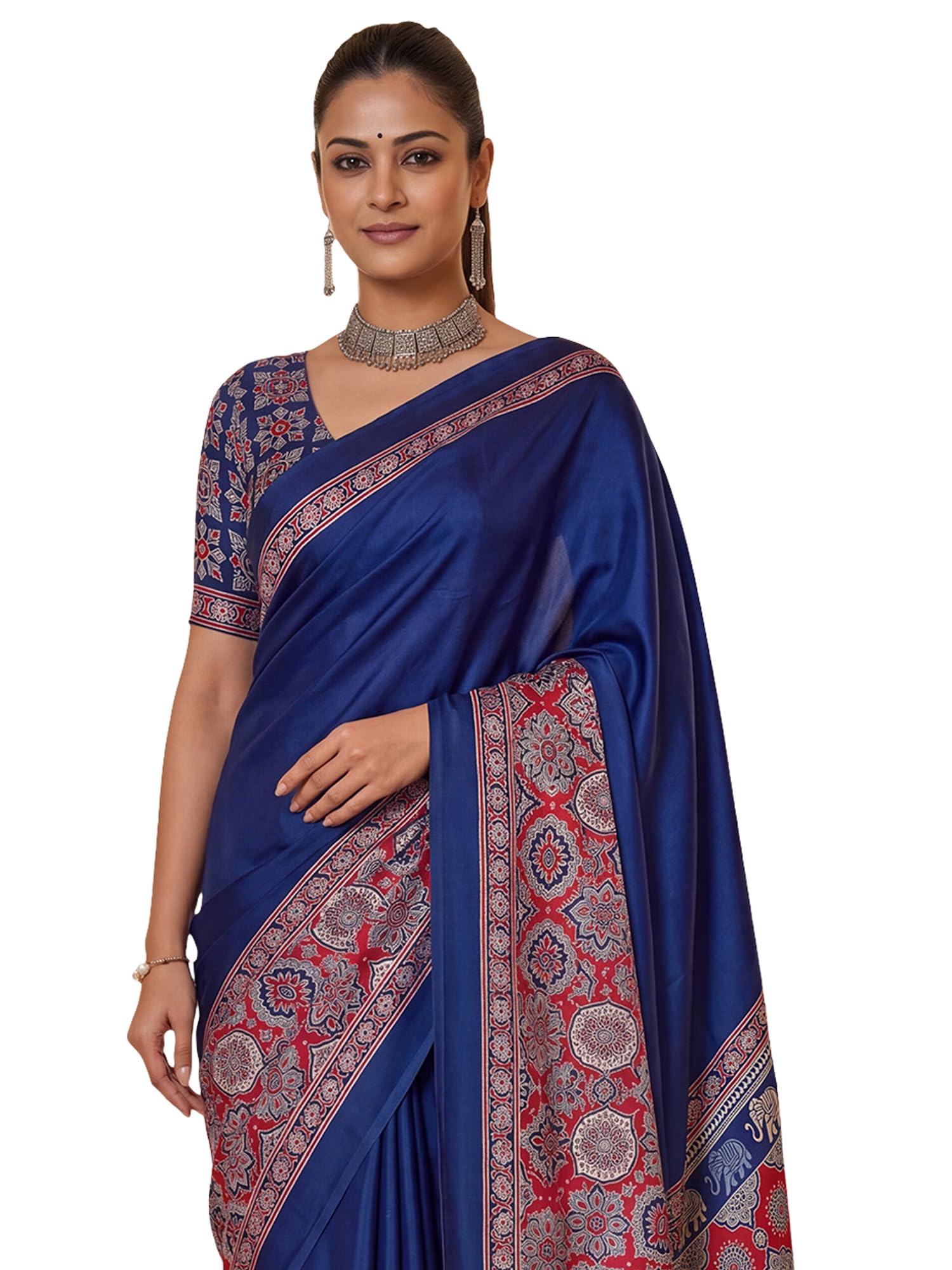 Women's Satin Ajrak Print Saree With Unstitched Blouse Piece| Satin Saree | Saree For Woman(PURAJRKH034A_GT_SM_Parent)-image-42