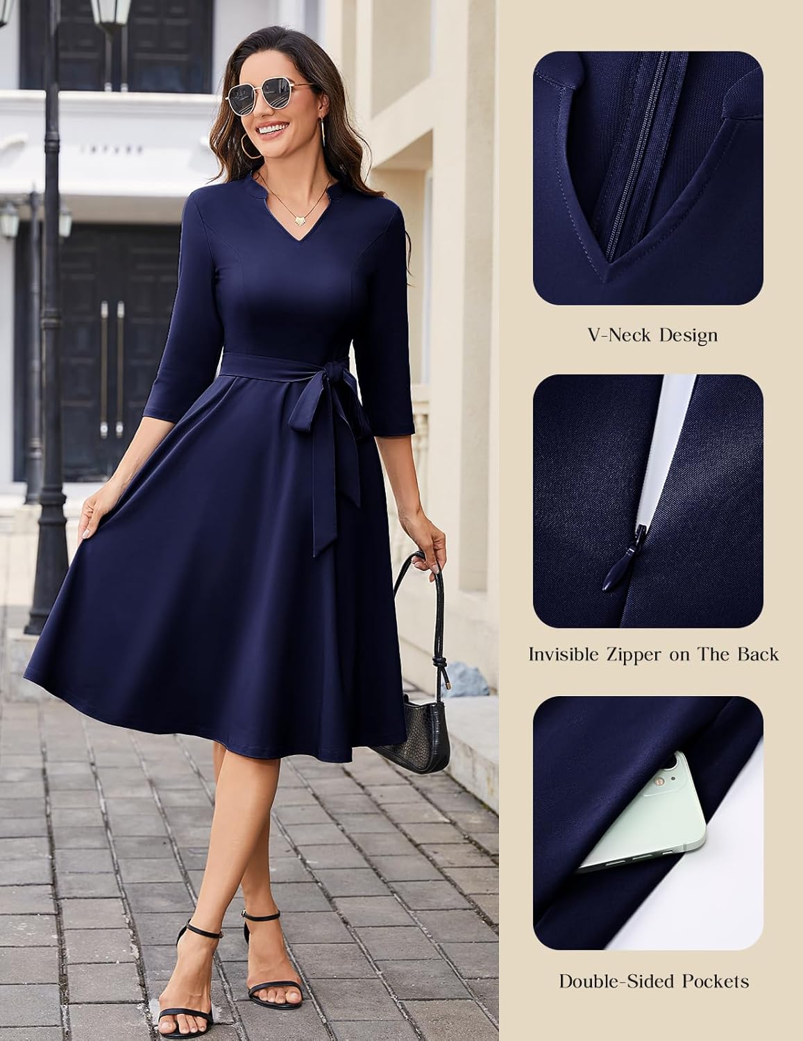 HomRain Elegant Long Sleeve Church Dress for Women V-Neck A-Line Swing Cocktail Causal Dress with Pockets - Image 5