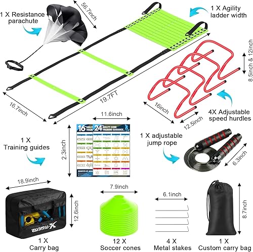 Miniatura 2 de Agility Ladder Speed Training Equipment Set-20ft Agility Ladder,12 Soccer Cones,4 Hurdles, Jump Rope, Running Parachute Basketball Football Soccer
