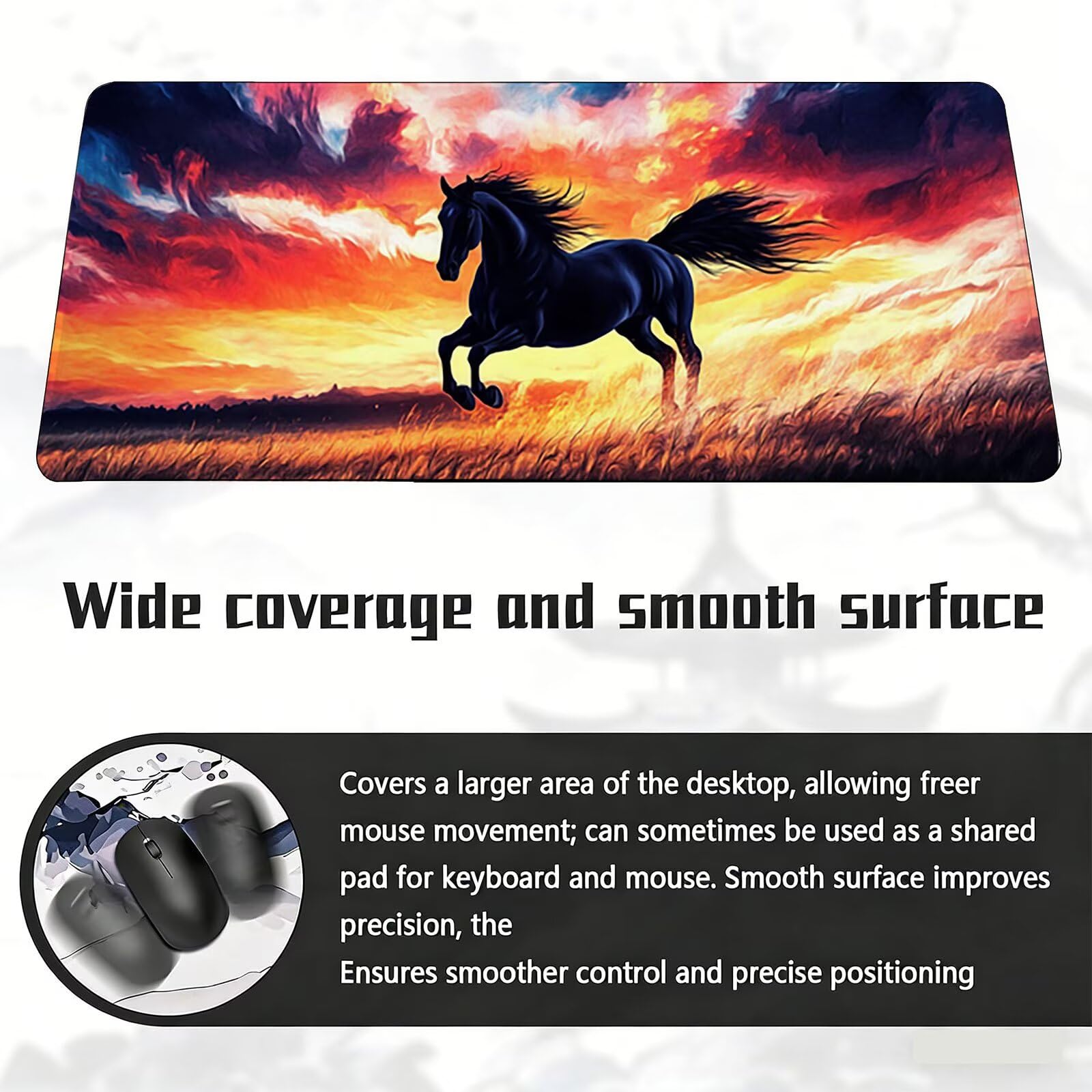 Tappetino Mouse XXL, 70x140cmx3mm Mouse Pad Impermeabile Grand, Gaming Tappetino Per Mouse, Base Antiscivolo in Gomma, Accessori Scrivania, Ufficio Accessori, Cavallo Nero JX6B-675