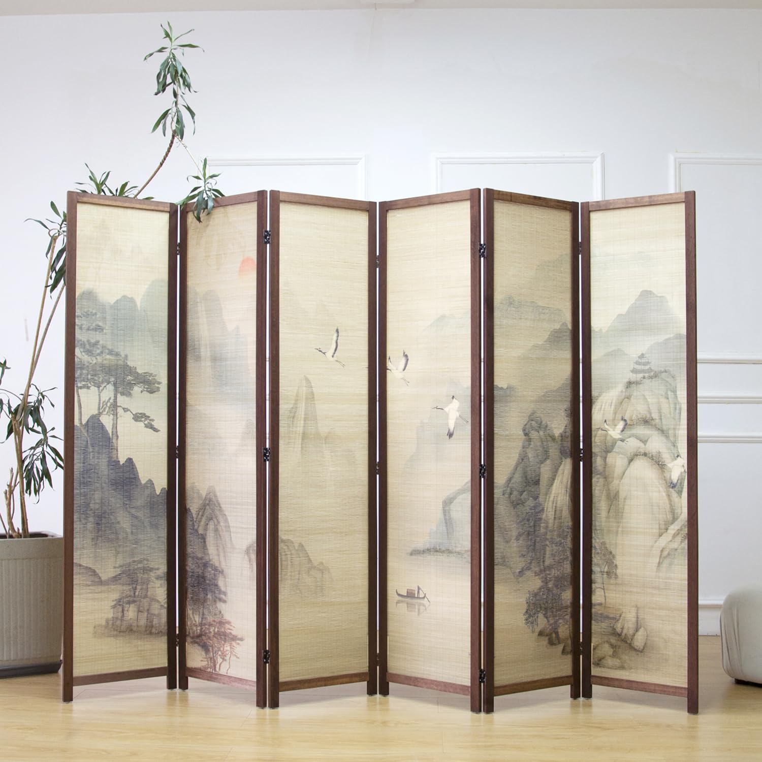 Condition photo showing New/Like New for furnnylane 6 panel bamboo room divider, 5.6 ft tall double-sided folding privacy screen, premium thickened wood frame with mountains and waters landscape for home & office (67" h x 94.5" w)