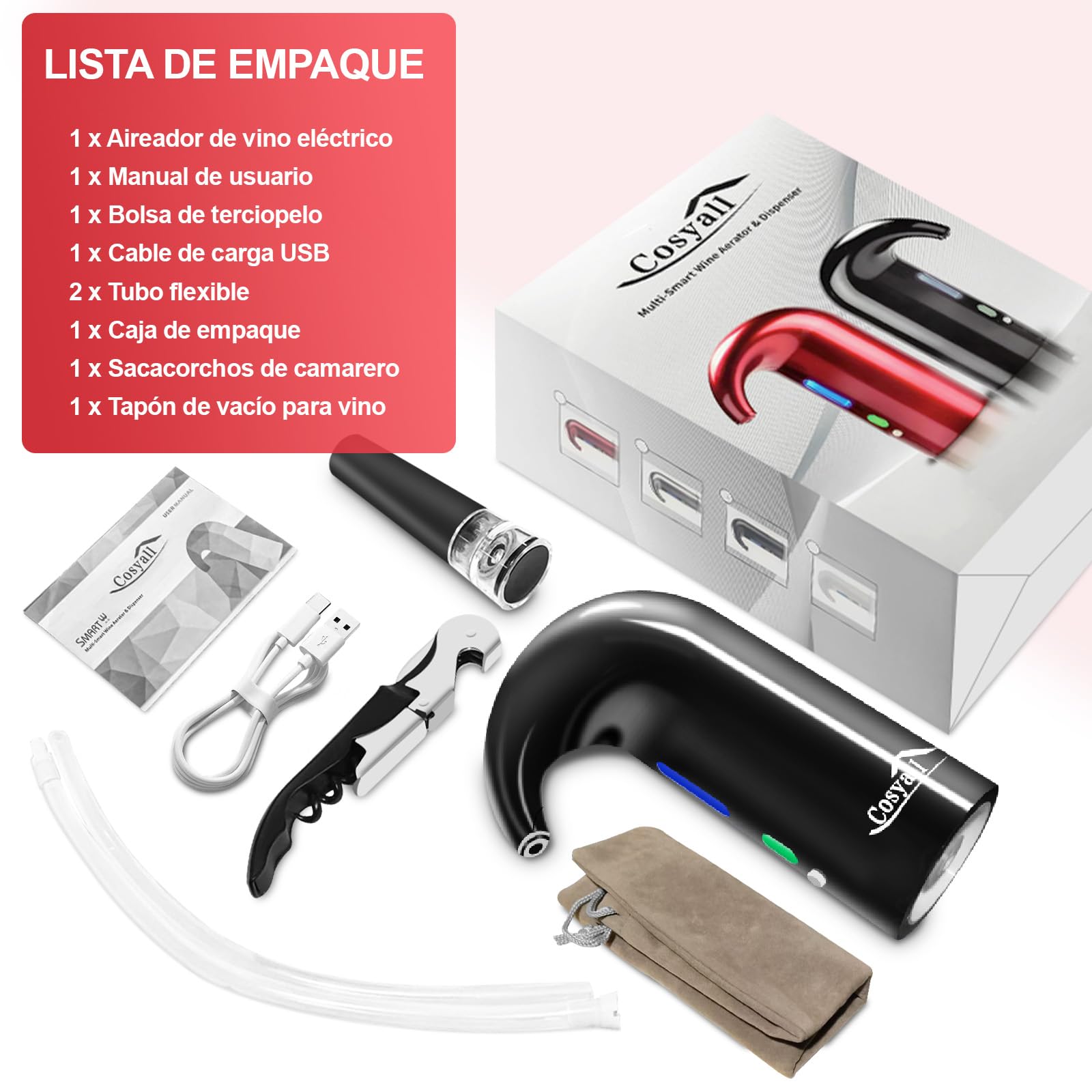 Decantador de aireador de vino eléctrico recargable USB portátil, dispensador de vino automático para vino tinto, dispositivo de vertido de vino con bolsa para el polvo (negro)