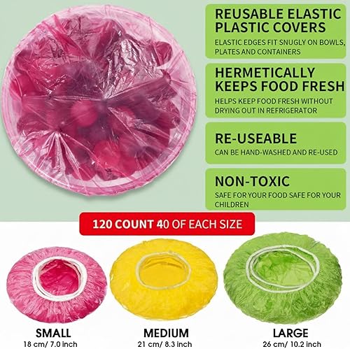 Miniatura 2 de 120 fundas elásticas reutilizables para almacenamiento de cuencos de alimentos, 3 tamaños, cubiertas coloridas para platos de platos de plástico