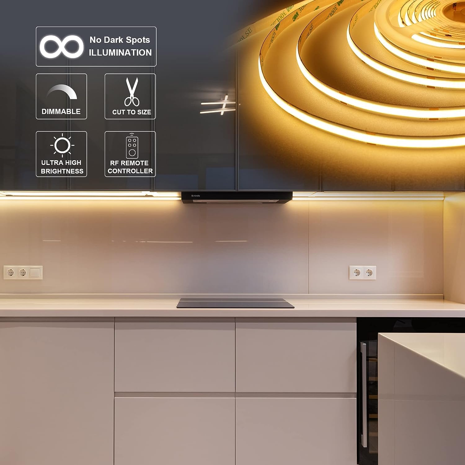 BERIXDEEP Striscia LED bianca calda, 3 m, dimmerabile, con alimentatore di rete e telecomando, CRI 92+, 8 mm di larghezza, 24 V, per illuminazione indiretta, illuminazione mobiletto