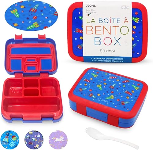 Kinsho - Lonchera bento infantil, 5 secciones para control de porciones, bandeja de plástico desmontable sin bisfenol A, para niños preescolares y
