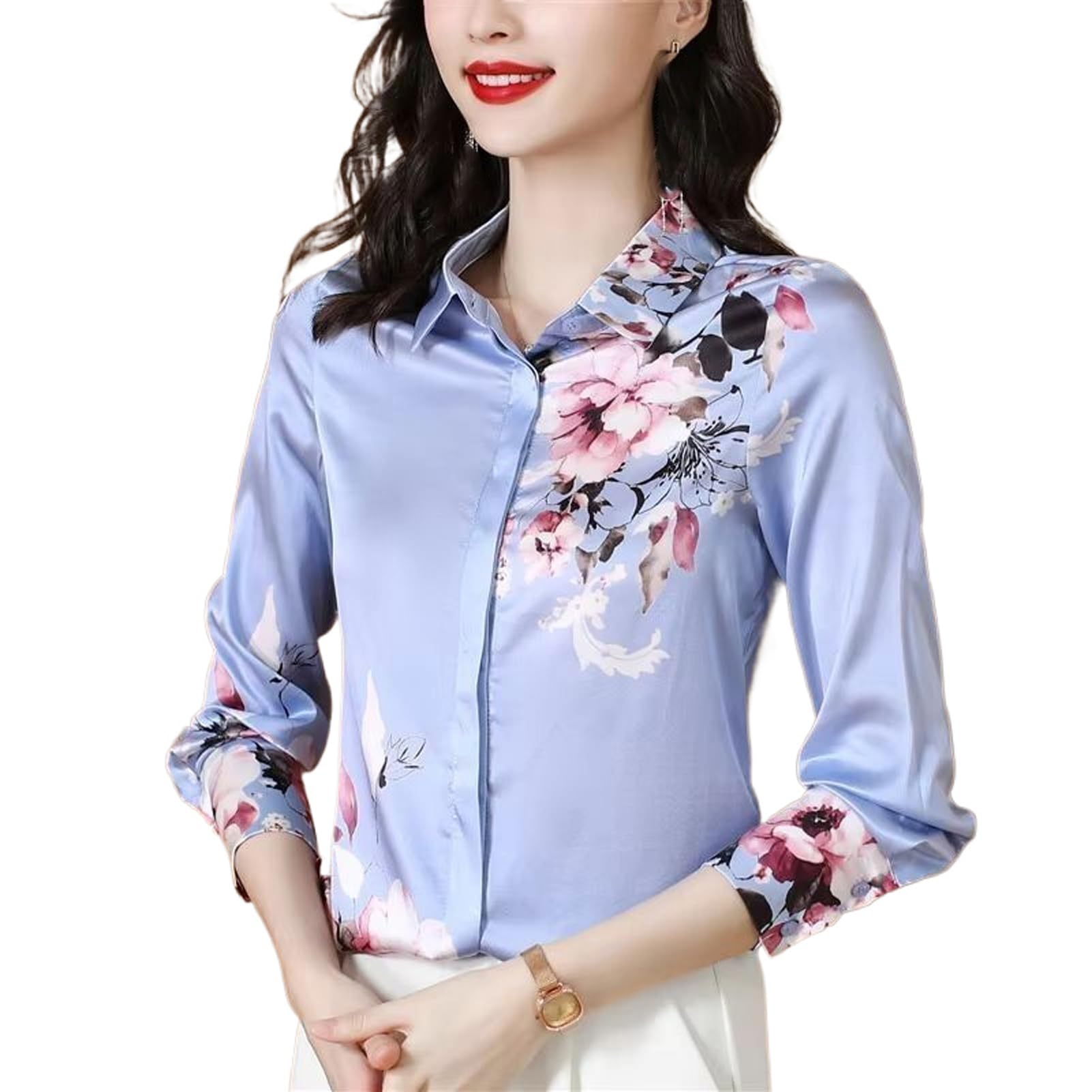 JYHBHMZG Chemisier vintage à manches longues en satin de soie avec imprimé floral pour femme