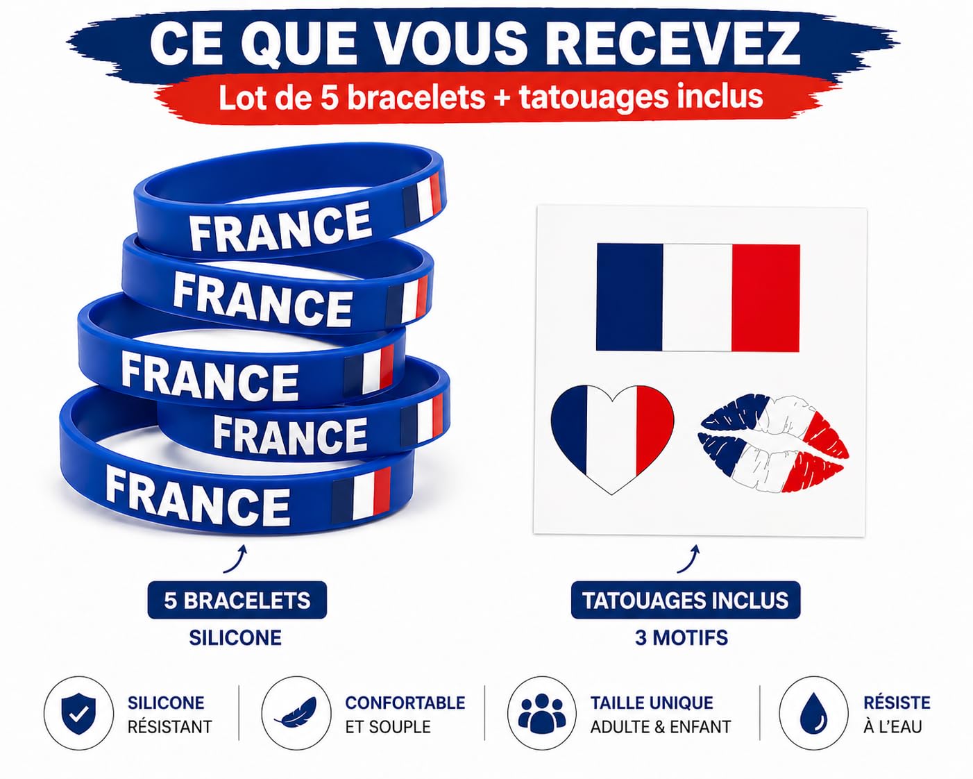 Kit Bracelets France Lot de 5 – Bracelet Silicone Bleu Drapeau Français + Tatouages – Supporter Coupe du Monde, Football, 14 Juillet, Bleu Blanc Rouge