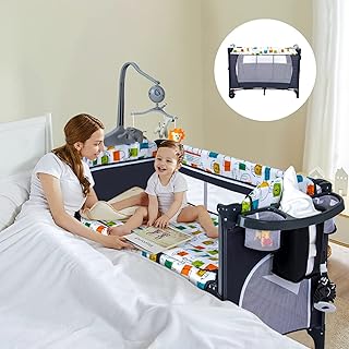 Baby 5-in-1 Pack and Play with Bassinet, Bassinet Bedside Sleeper 5 Functions, Baby Crib with Mattress, Diaper Changer, Playard and Music Box, Bedside Crib for Newborn to Toddles