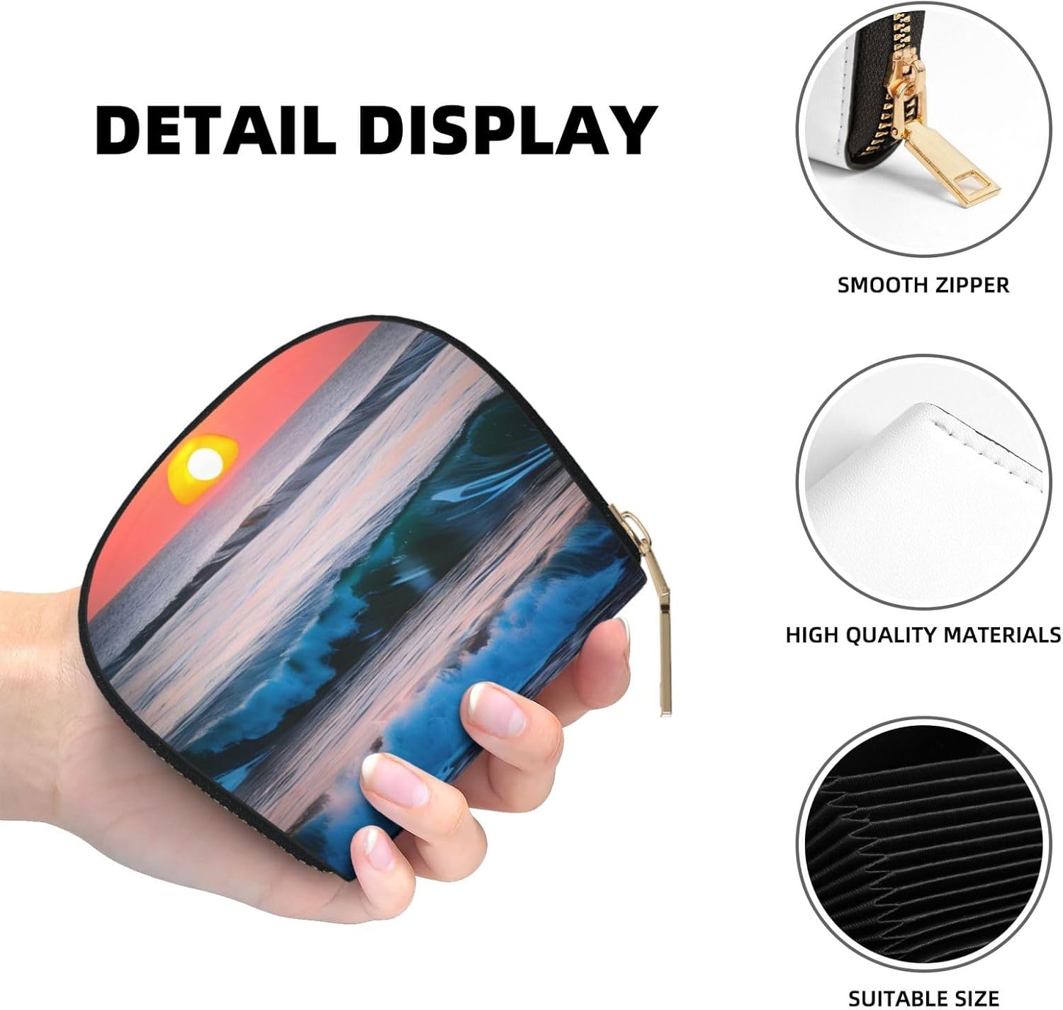 Sunset and Sunrise with Ocean Sea Waves print Card Holder, Small Card Wallet Pocket Business Card Case with Zipper Modern Art
