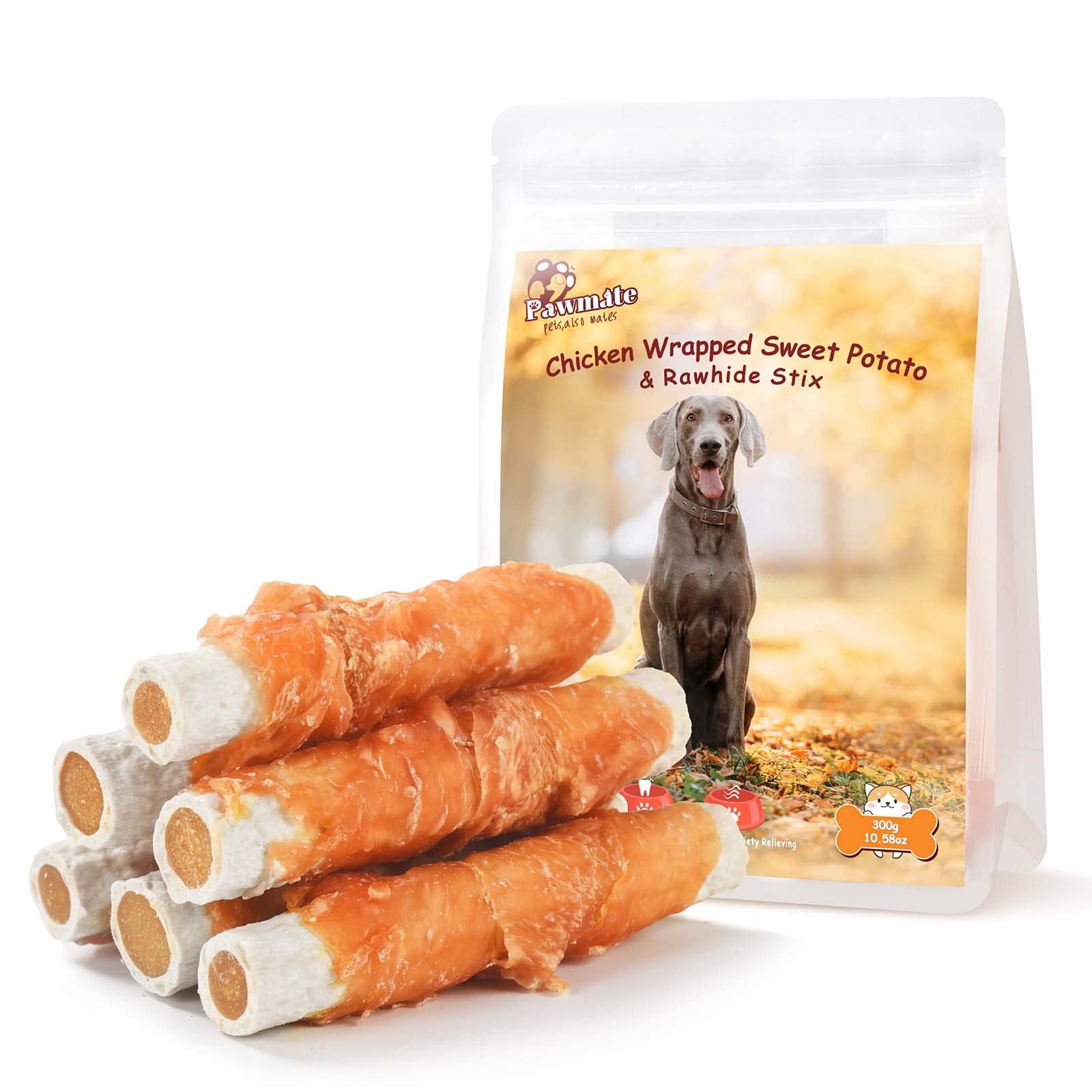 Dog Treats Large Breed, Chicken Wrapped Rawhide Sticks with Sweet Potato Sandwich, Rawhide Dog Chew Training Rewards Snacks for Small Medium Large Dogs, 6-7 Counts, 10.6oz