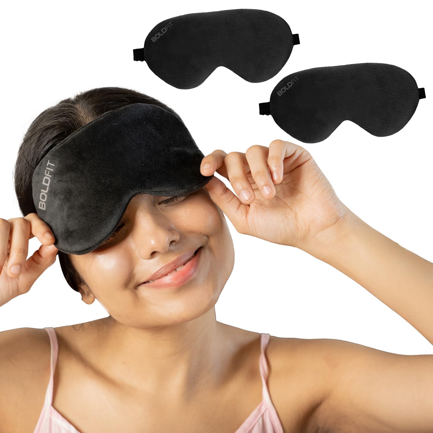 Boldfit Eye Mask for Sleeping with Adjustable Strap Super Soft Sleep Masks Blind Fold for Comfortable Sleep Travelling Eye Pad for Girls Blind Folds for Sleeping - Black Pack of 2