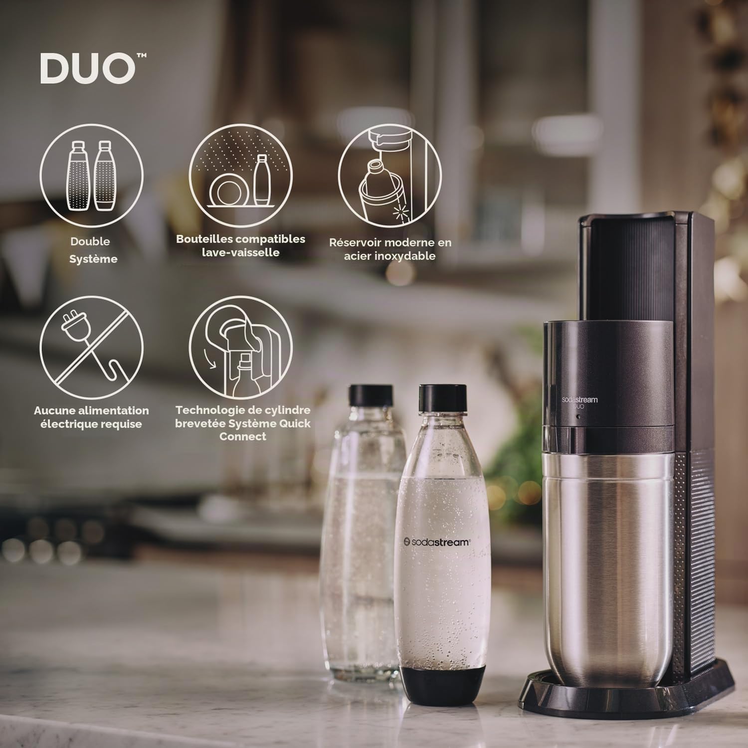 Sodastream Duo – Machine à eau pétillante, 1 bouteille 1L sans BPA et 1 bouteille en verre 1L incluses, noire