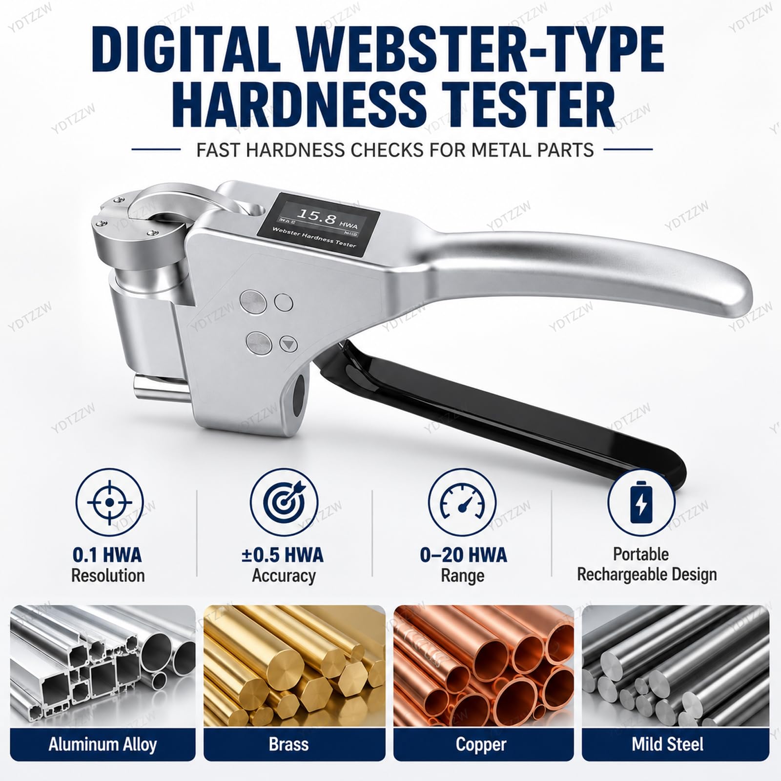 Durómetro Digital Webster, medición portátil de la dureza del Aluminio, Rango de 0 a 20 HWA, Espesor de 0,6 a 8 mm, resolución de 0,1 HWA, precisión de ±0,5 HWA, para perfiles, láminas y Tubos