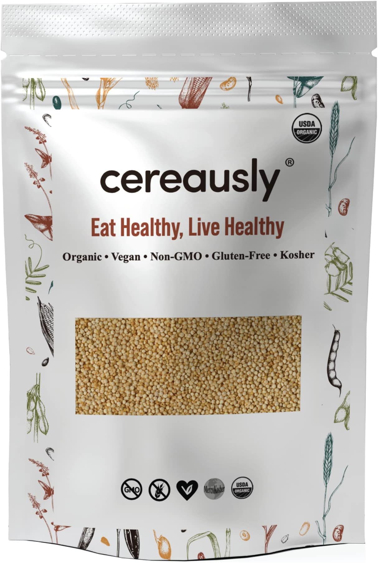 CEREAUSLY Organic White Quinoa – Premium Royal Quinoa from Bolivia – Kosher and Non-GMO Quinoa Bulk – Vegan and Gluten-Fee Cooking Quinoa – 4 LB