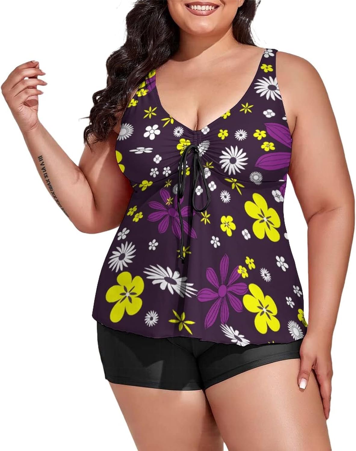 Two Piece Plus Size Tankini Swimsuit for Women Purple Floral Flower Seamless Pattern Bathing Suits with Boyshort Garden Wildflowers Tummy Control Swimwear