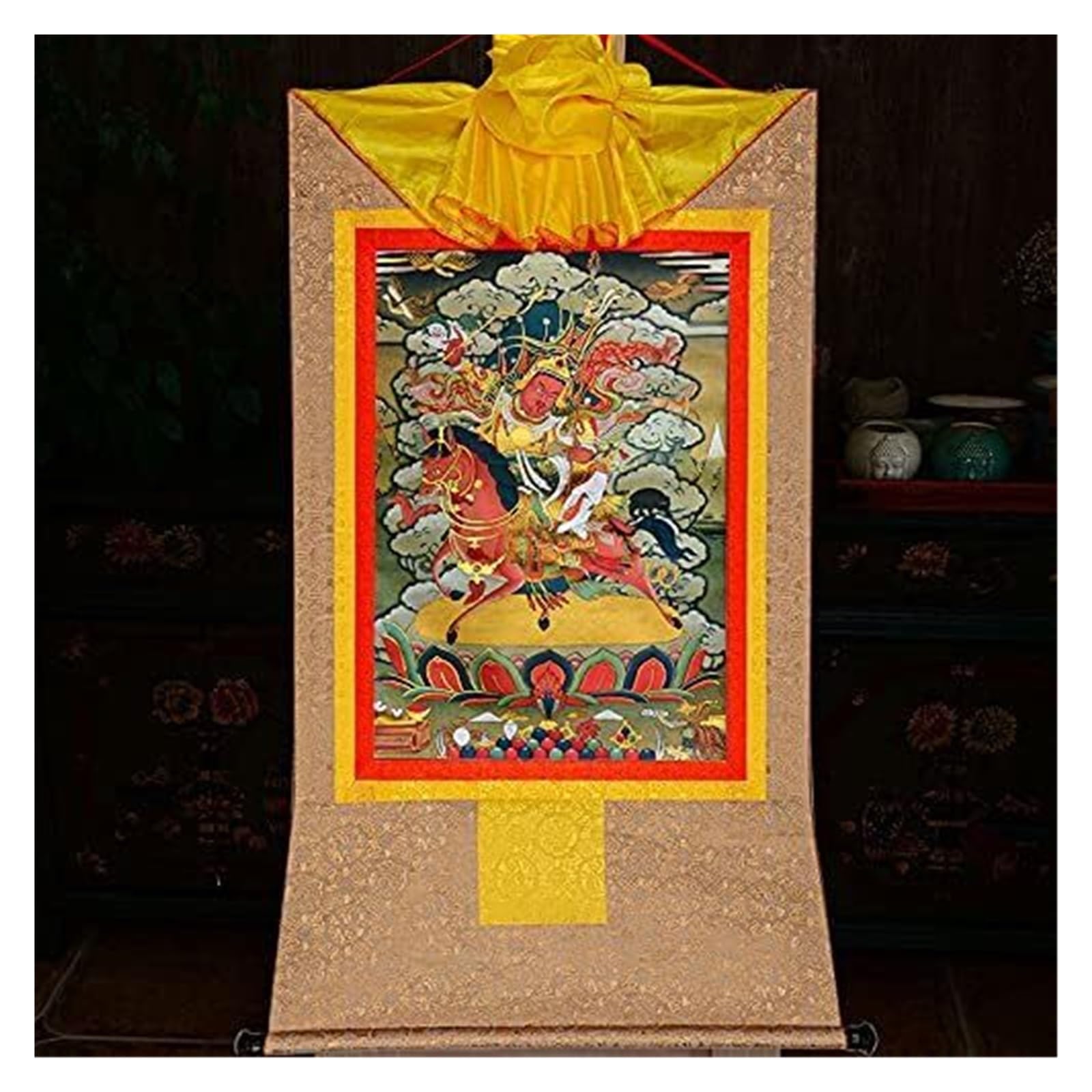Thangka-Gemälde, tibetisches Thangka, Thangka-Gemälde, buddhistischer Wandteppich, König Gesar, tibetische Thangka-Malkunst, buddhistischer Thangka-Brokat, Buddha-Wandteppich mit Schriftrolle(Beige,La