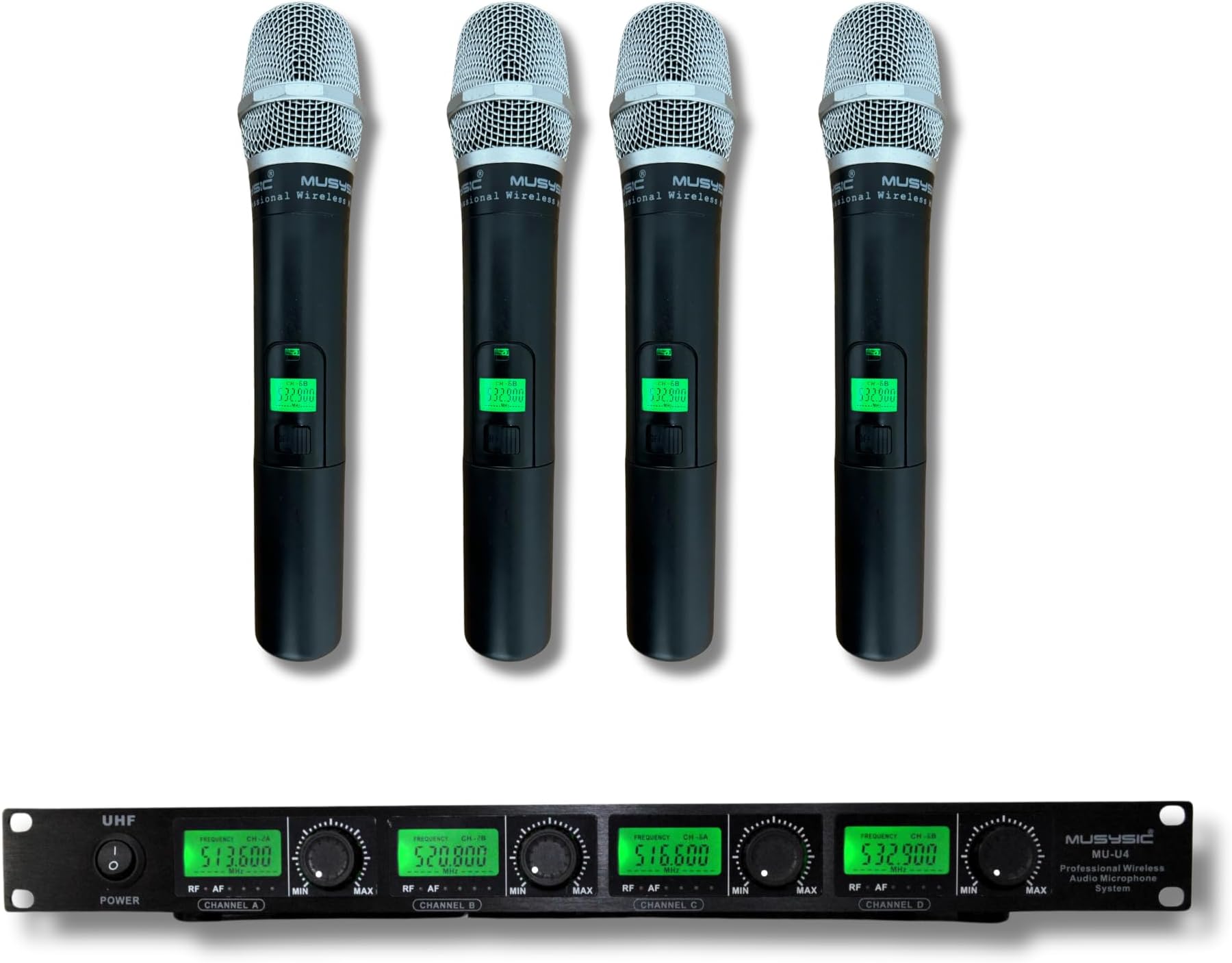 MU-U4-HH Professional 4-Channel UHF Wireless Handheld Microphone System – 4 Dynamic Handheld Mics, 500-580 MHz 300ft Range, LCD Display, Individual Volume Controls, Mixed & Separate Outputs