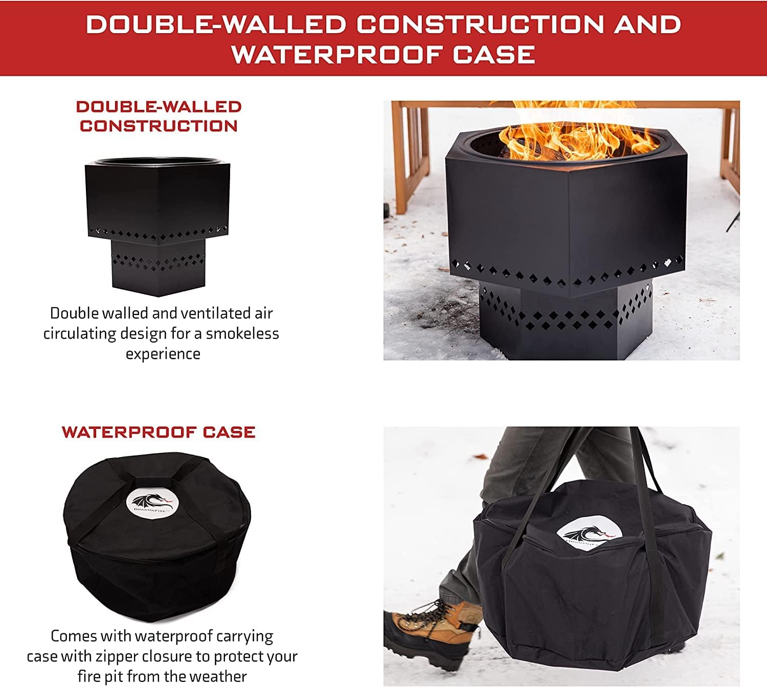 Dragonfire Portable Smokeless Firepit, Accessories Included: Base Stand and Carrying Case. Wood Pellet/Log Burning Outdoor Fire Pit. Black Finish, 22 Inch Size, with Nesting Base for Compact Storage.