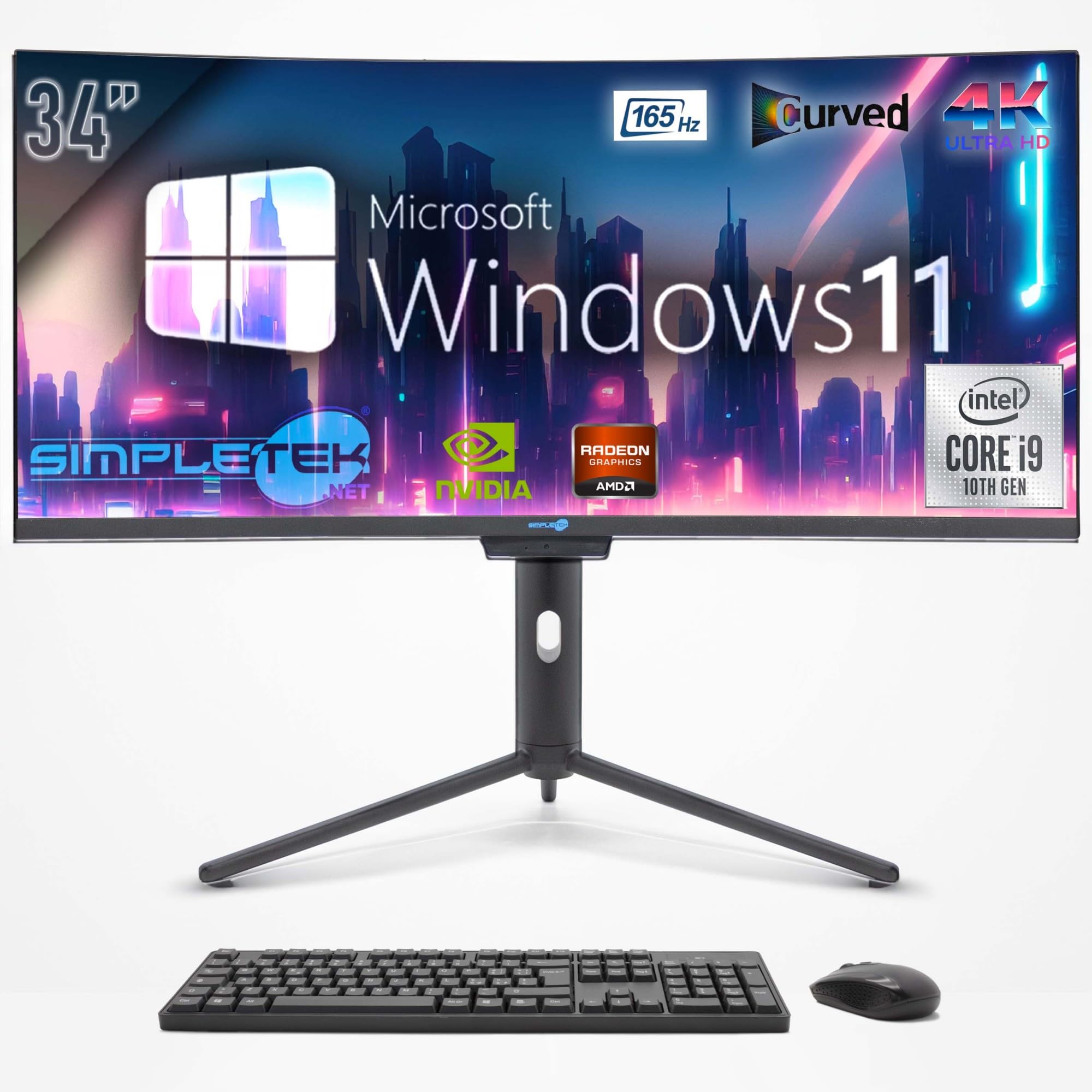 SIMPLETEK - Computer All in One 34" Schermo Curvo per Gaming, Grafica | Core i9 10° Gen | Windows 11 Pro | GPU RX 550 4GB | 4GB RAM SSD 240GB | Webcam 2K | BT 5.2