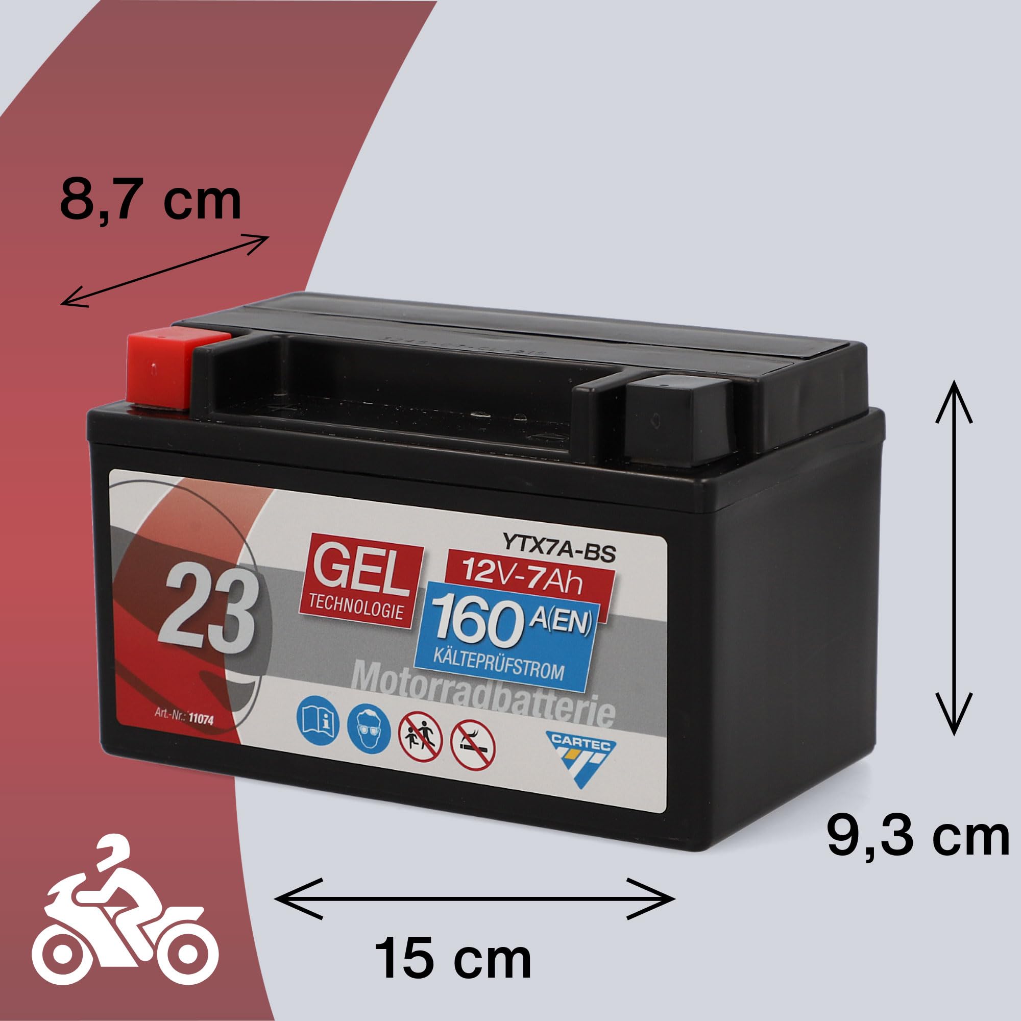 Batería de motocicleta CARTEC YTX7A-BS, 6Ah, 90A, batería de arranque de motocicleta con tecnología de gel, calidad OEM, ciclo profundo, almacenable, sin mantenimiento