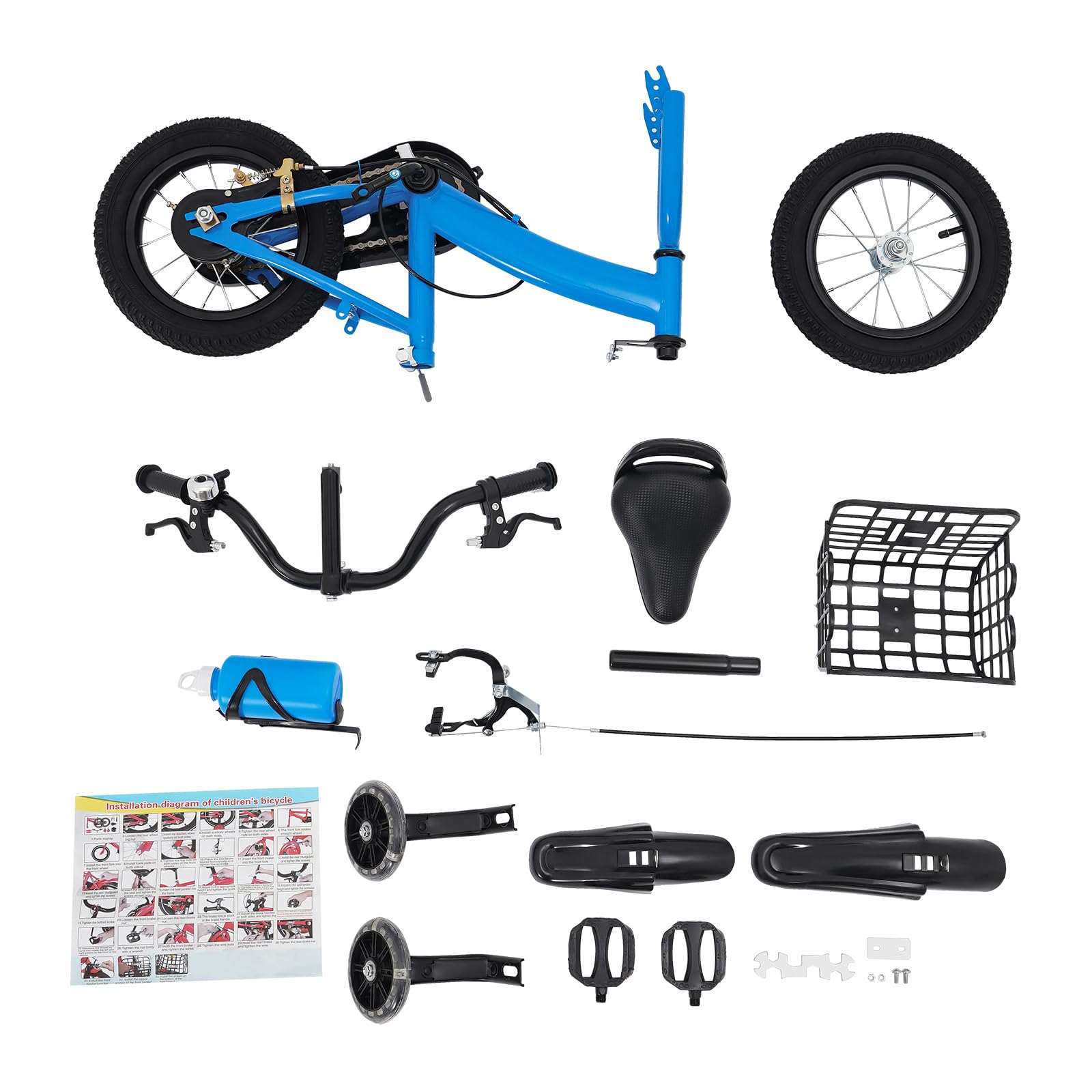 Bicicleta infantil de 12 pulgadas para niños y niñas, 2-5 años, altura ajustable, con ruedas estabilizadoras, cesta y botella de agua, freno delantero y trasero, protector de cadena, rueda