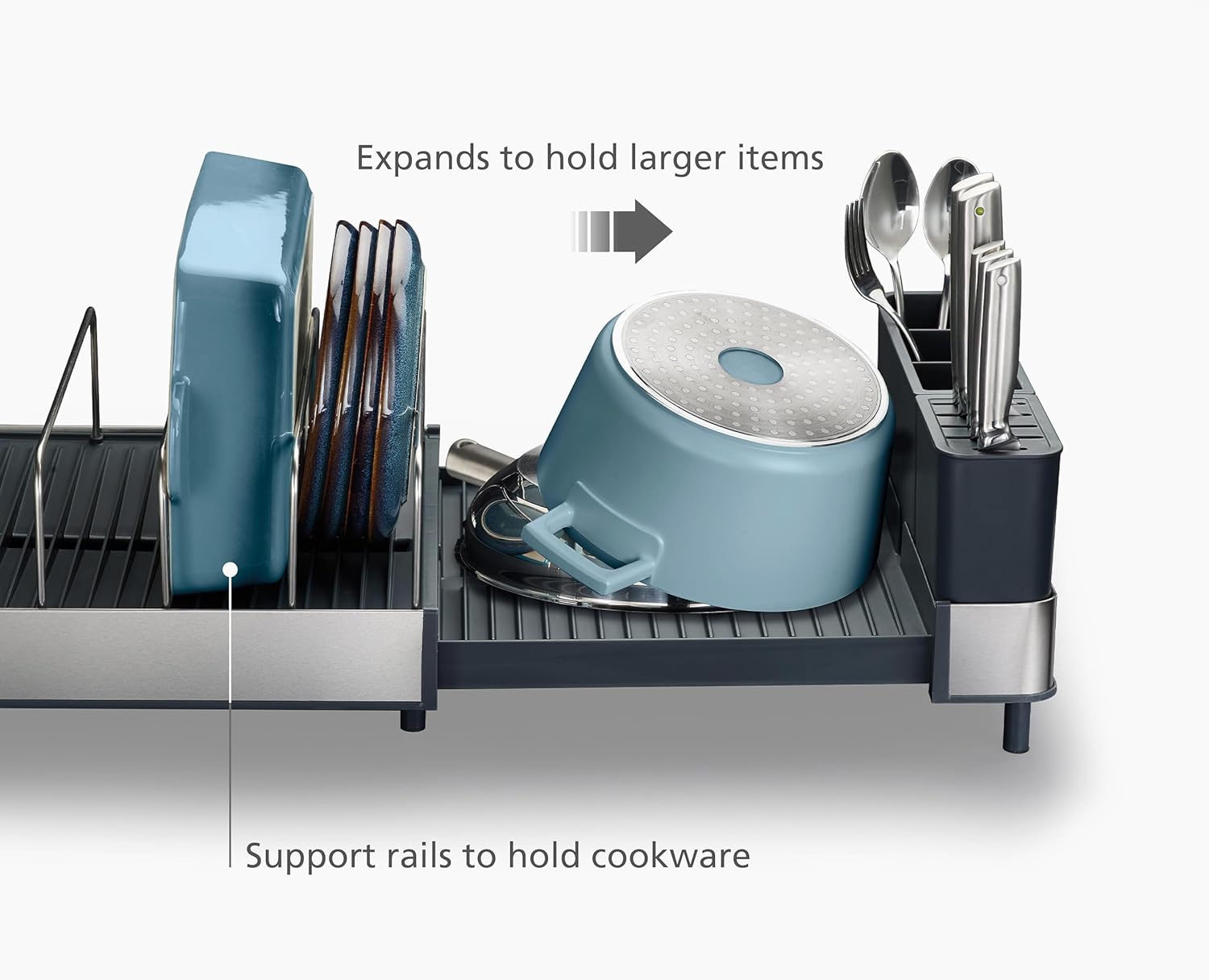 Steel Expanding Dish Rack with Utensil Cup and Draining Spout