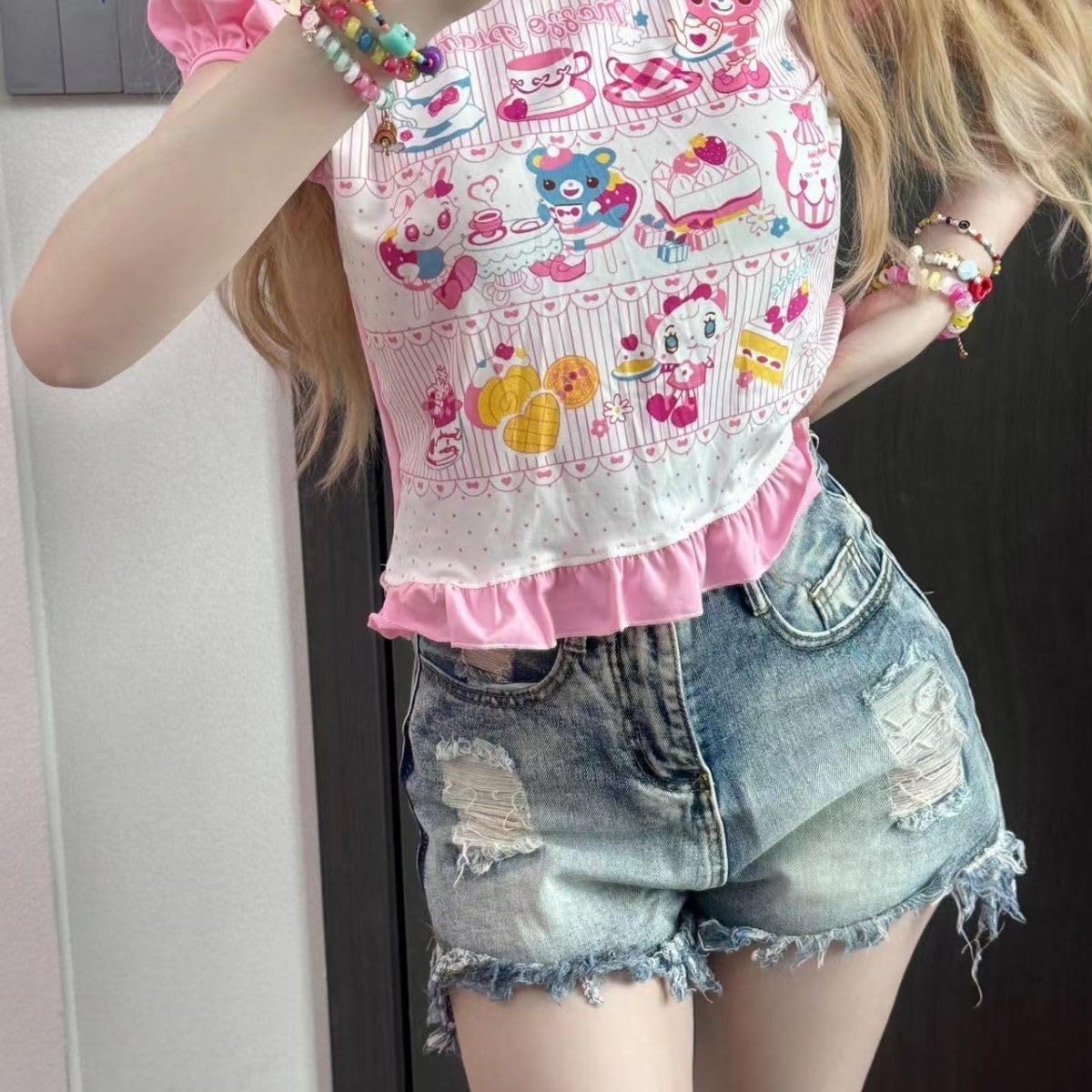 Sweet Crop Top Cartoon Print Harajuku Contrast Color T-Shirt Women Y2k Aesthetic Slim Ruffled Tee - Image 5