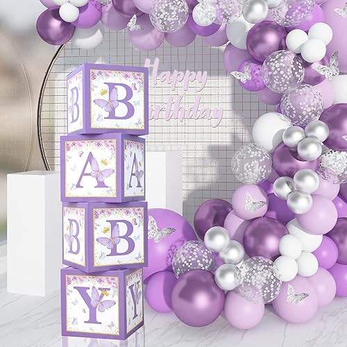 Miniatura 6 de Decoraciones de cajas de baby shower de mariposa morada, 4 cajas de globos morados con letra de bebé, letras impresas, decoración de centro de mesa