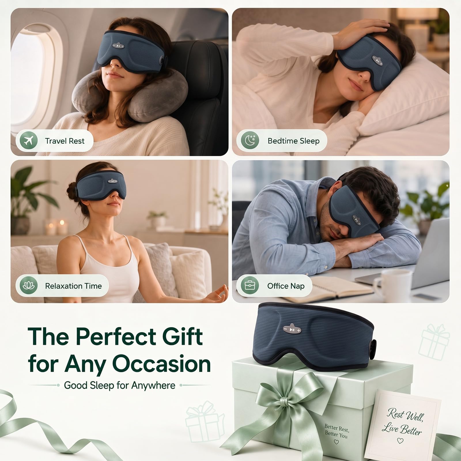 Schlafmaske mit Bluetooth-Kopfhörern, 3D-Verdunkelung, Schlafkopfhörer mit verstellbaren Lautsprechern, waschbare Augenmaske, Bluetooth 5.4, 10-12H Spielzeit für Reisen, Meditation