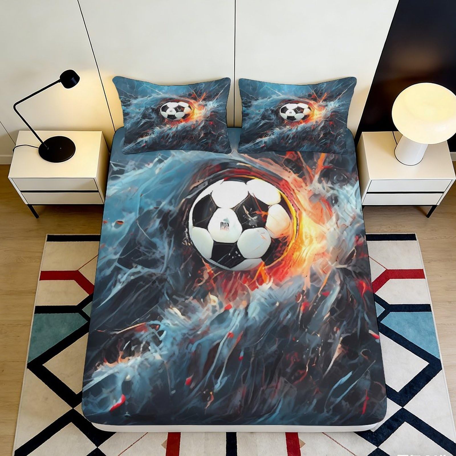 3D Printed Fire Soccer Fitted Sheet Microfiber Anti-Slip Water Splash Bed Cover for Bedroom Guest Room Decor 90x200x25cm